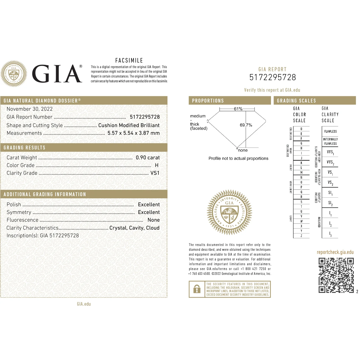 0.90 Carat Cushion Modified Brilliant Diamond Clarity VS1 Color H GIA Certified - Image 3