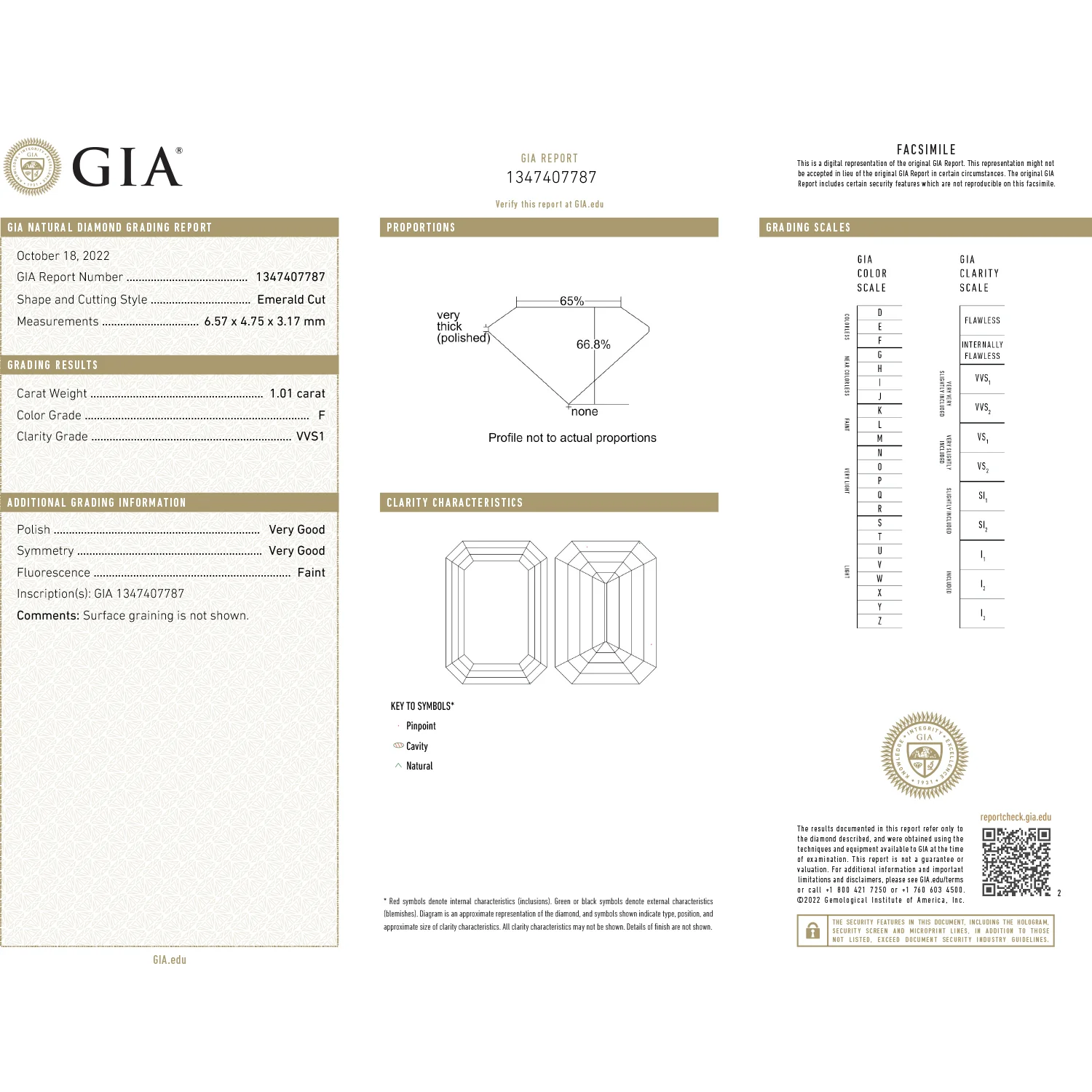 1.01 Carat Emerald Cut Diamond Clarity VVS1 Color F GIA Certified - Image 3
