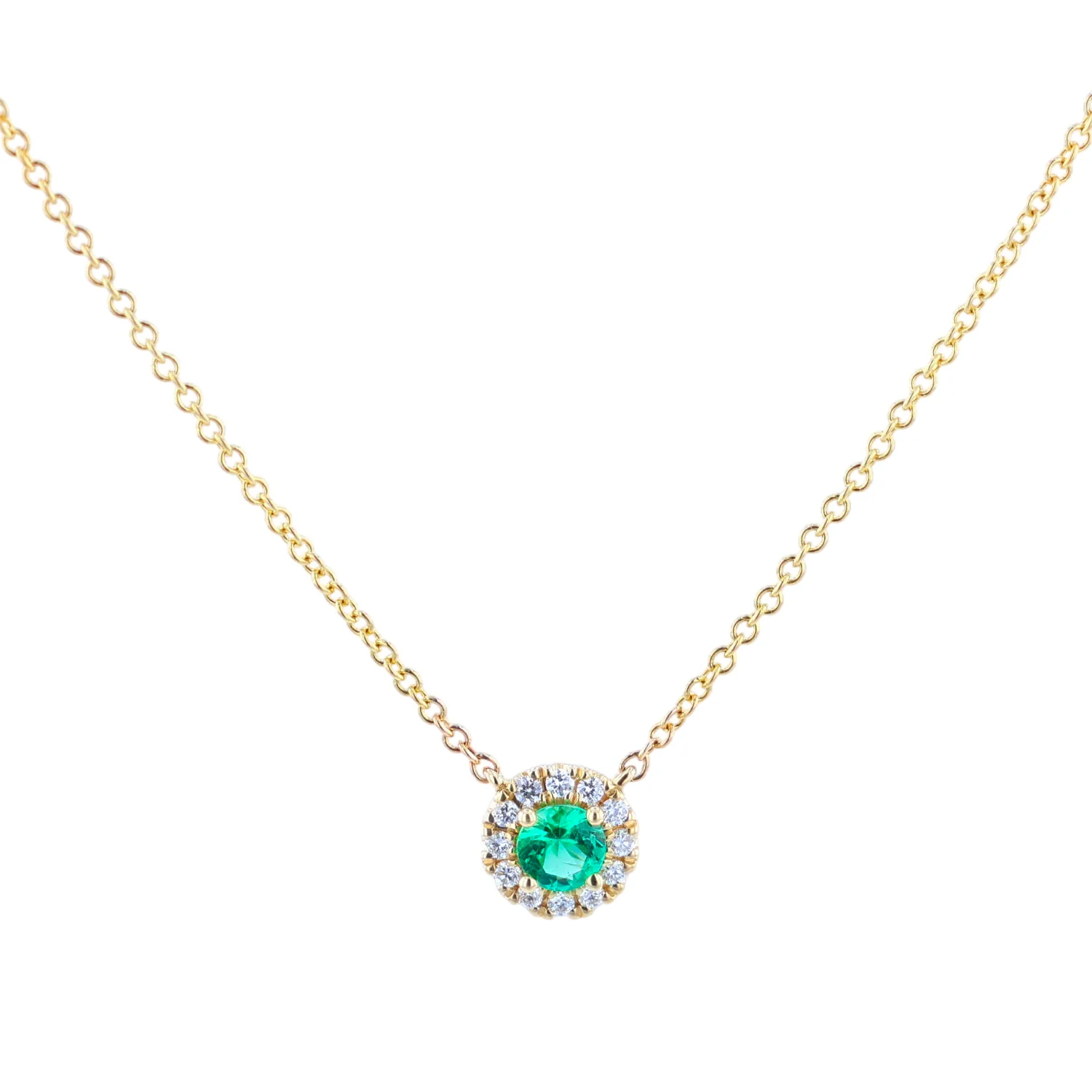 14K Emerald and Diamond Halo Pendant with Chain