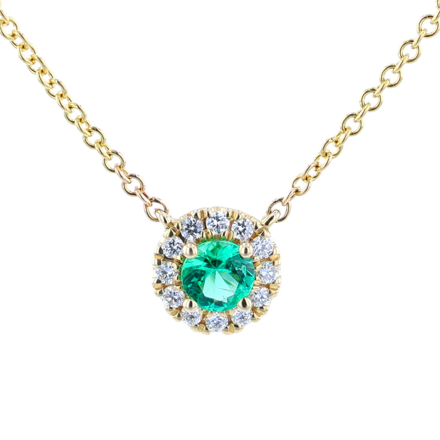 14K Emerald and Diamond Halo Pendant with Chain - Image 2