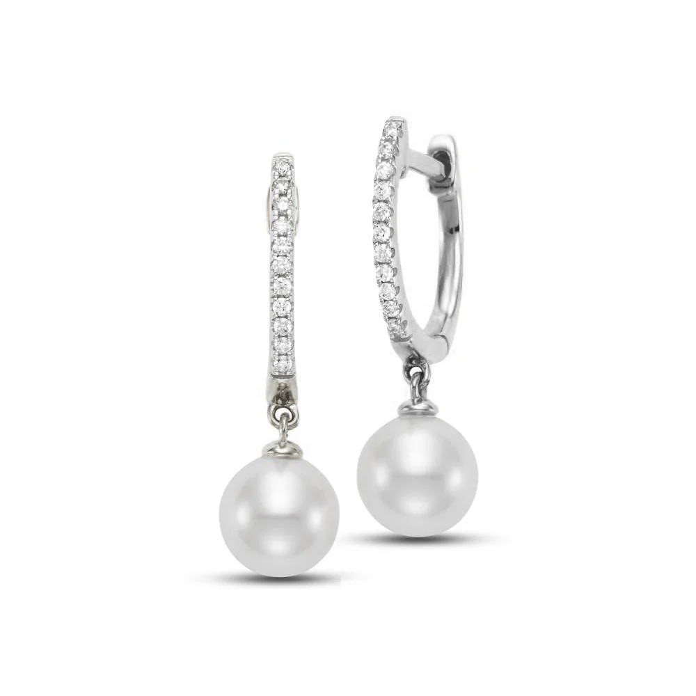 14K White Freshwater Pearl and Diamond Drop Earrings - Image 2