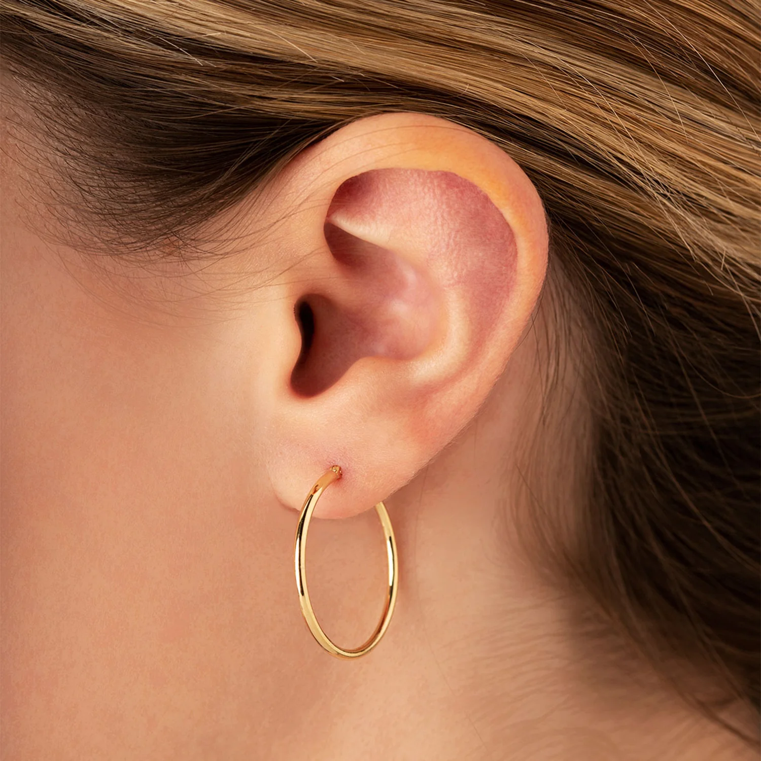 14K Yellow Gold Hoop Earrings - 25mm x 1.5mm - Image 2