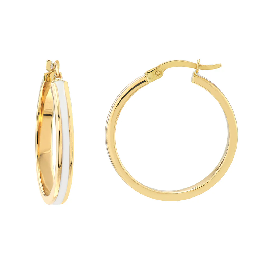 14K Yellow Gold Large White Enamel Round Hoops