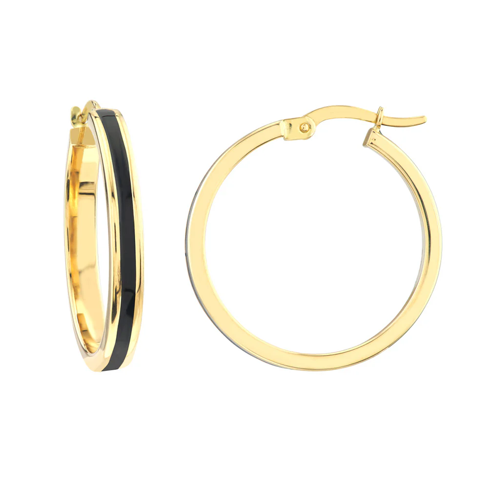 14K Yellow Gold Large Black Enamel Round Hoops