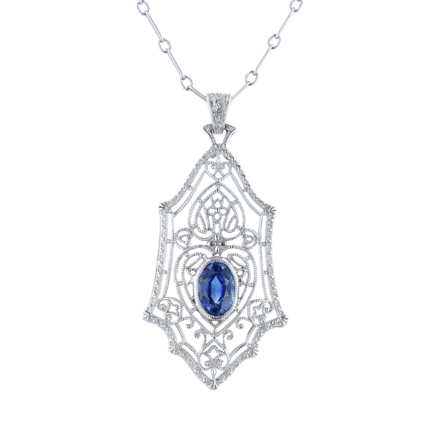 Estate 10K Vintage Synthetic Sapphire Pendant with Chain
