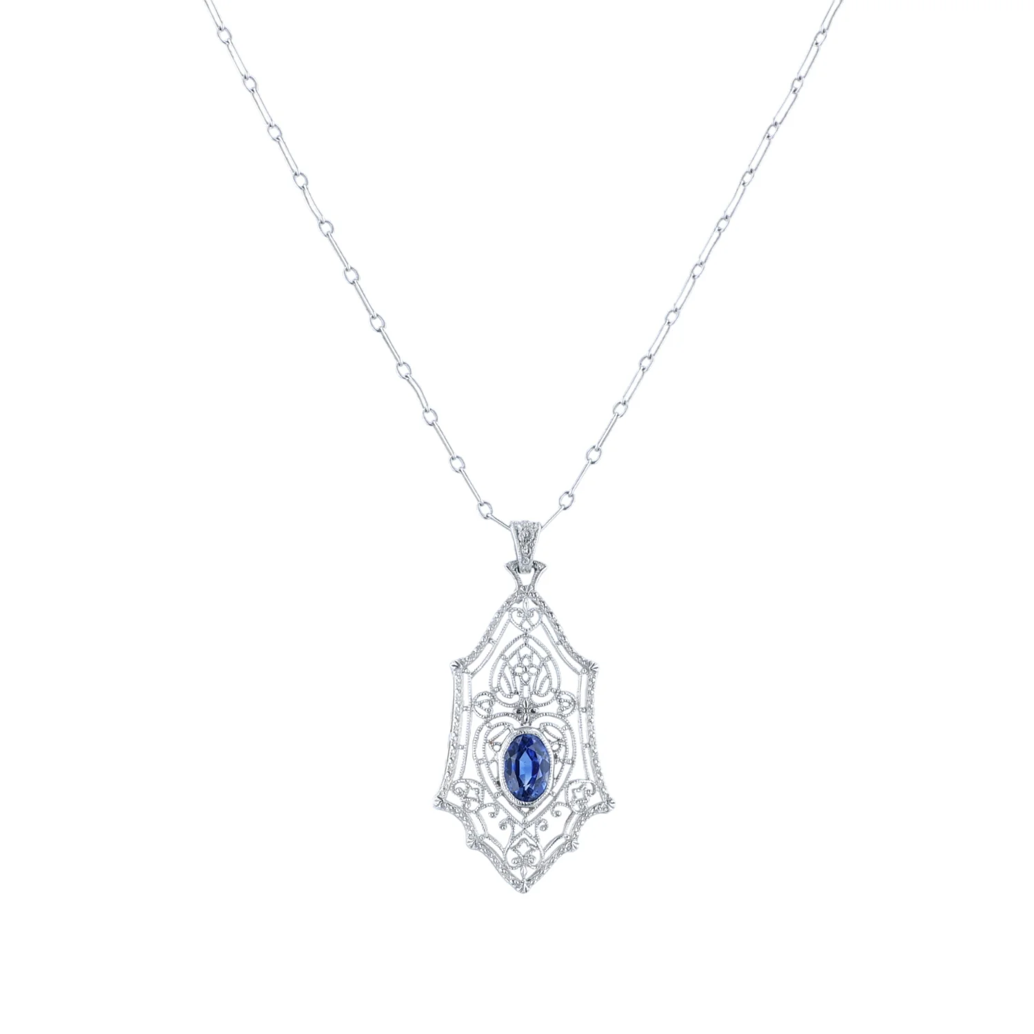 Estate 10K Vintage Synthetic Sapphire Pendant with Chain - Image 2