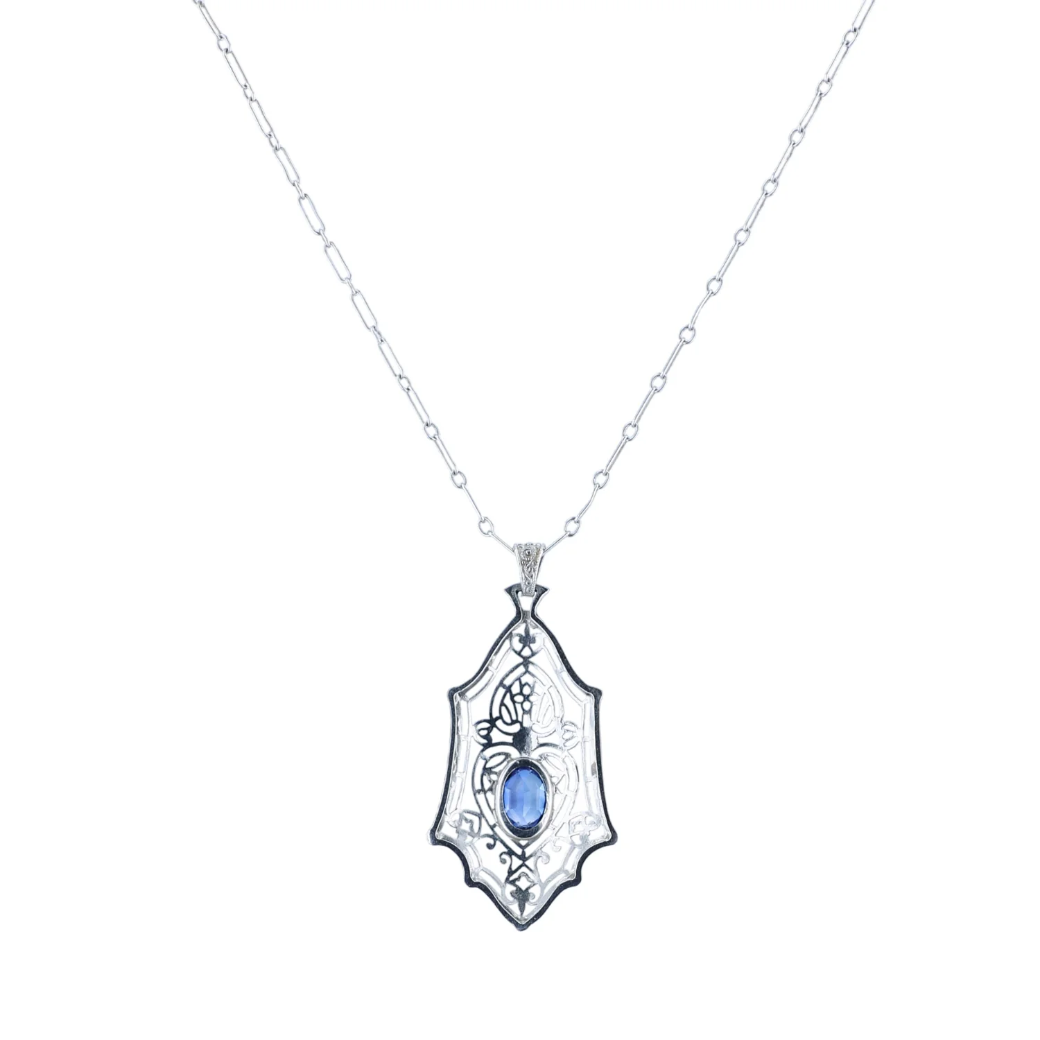 Estate 10K Vintage Synthetic Sapphire Pendant with Chain - Image 3