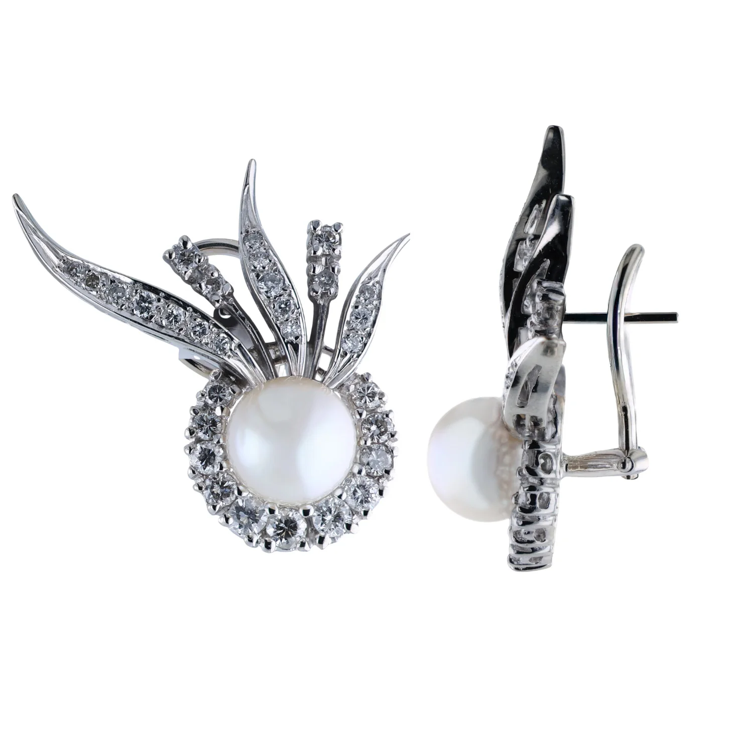 Estate 14K Pearl and Diamond Earrings - Image 2