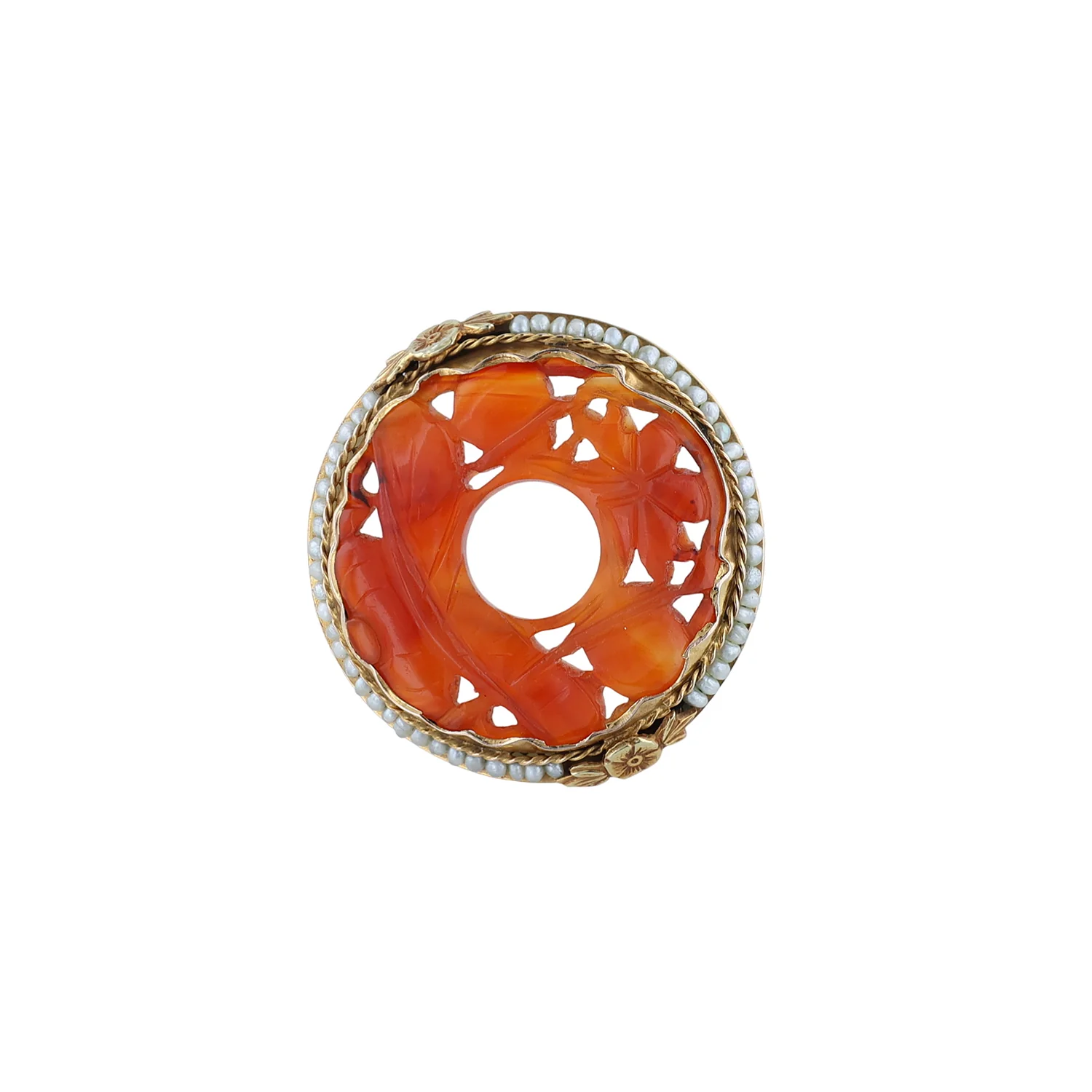 Estate 14K Seed Pearl & Carnelian Pin