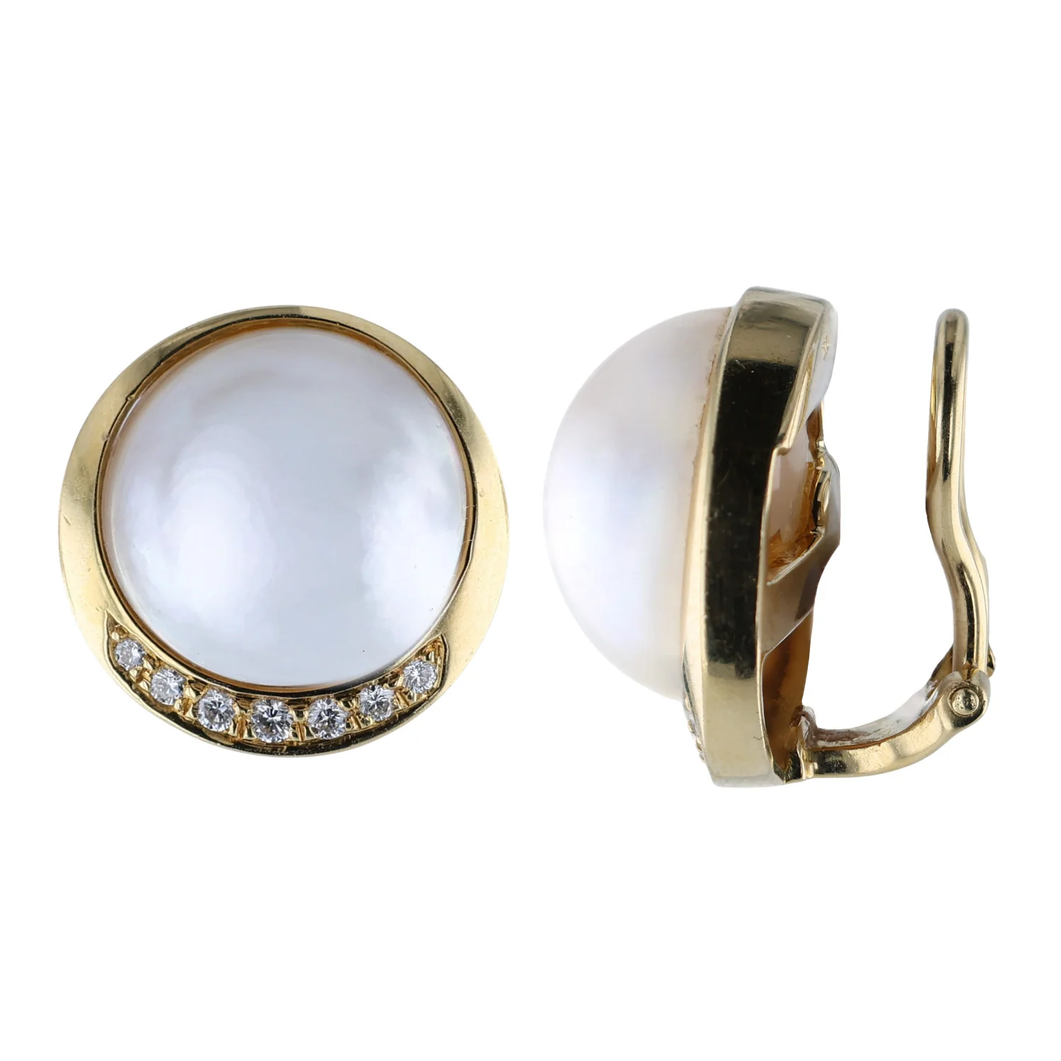 Estate 18K Mabe Pearl and Diamond Clip Earrings - Image 2