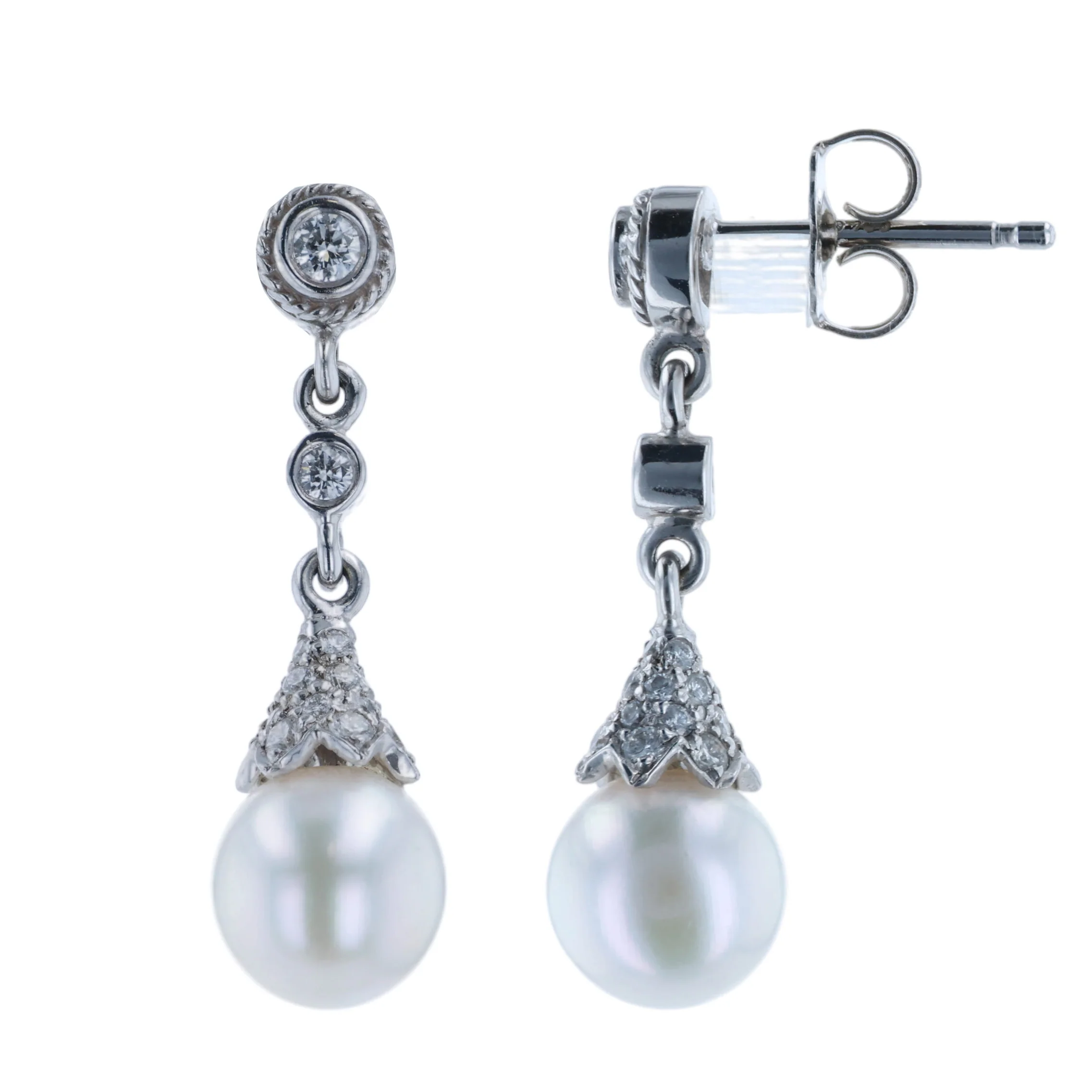 Estate 18K Pearl and Diamond Dangle Earrings - Image 2