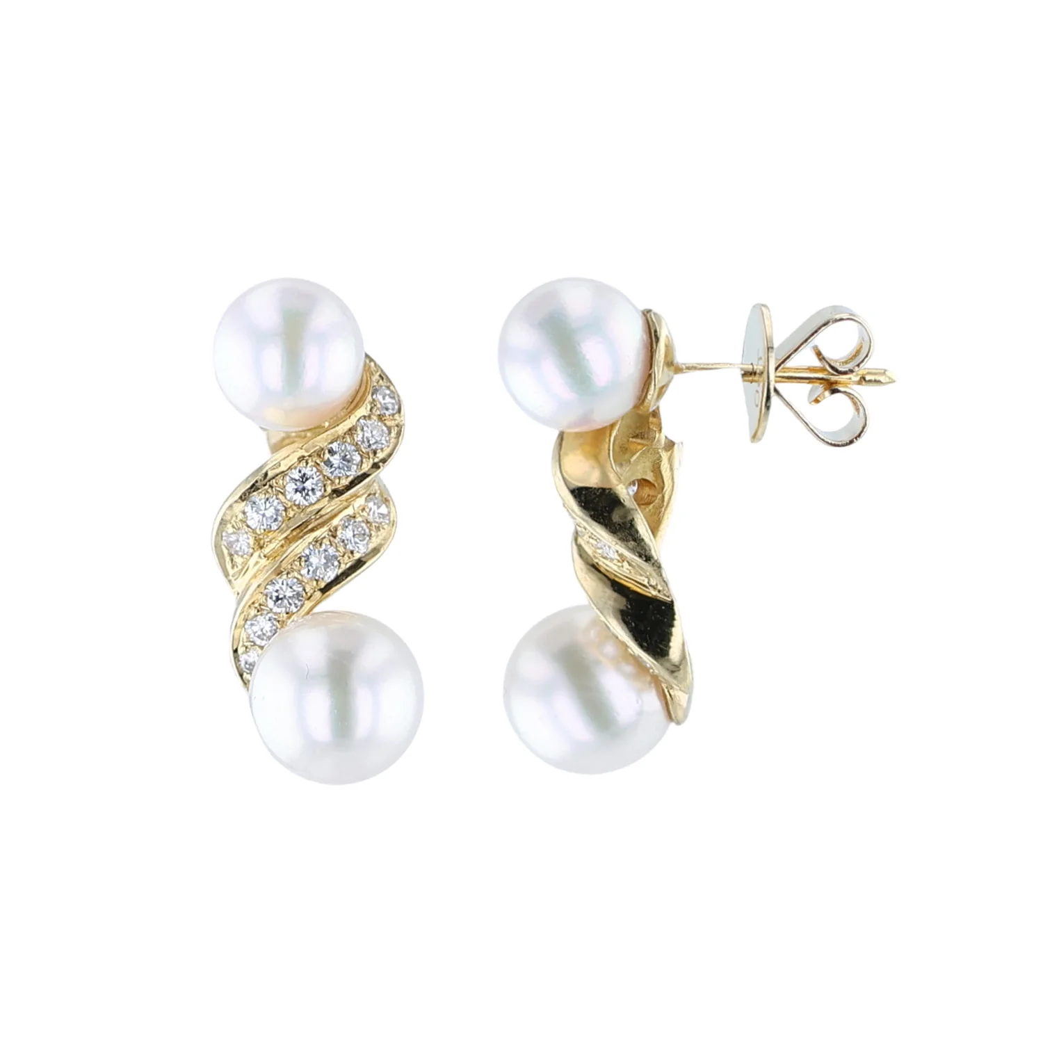 Estate 18K Pearl and Diamond Earrings - Image 2
