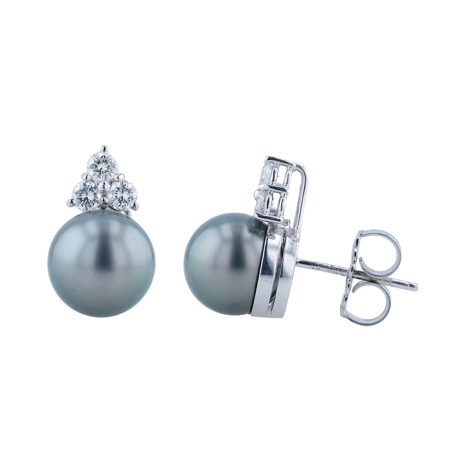 Estate 18K WG Tahitian Black Pearl and Diamond Earrings - Image 2