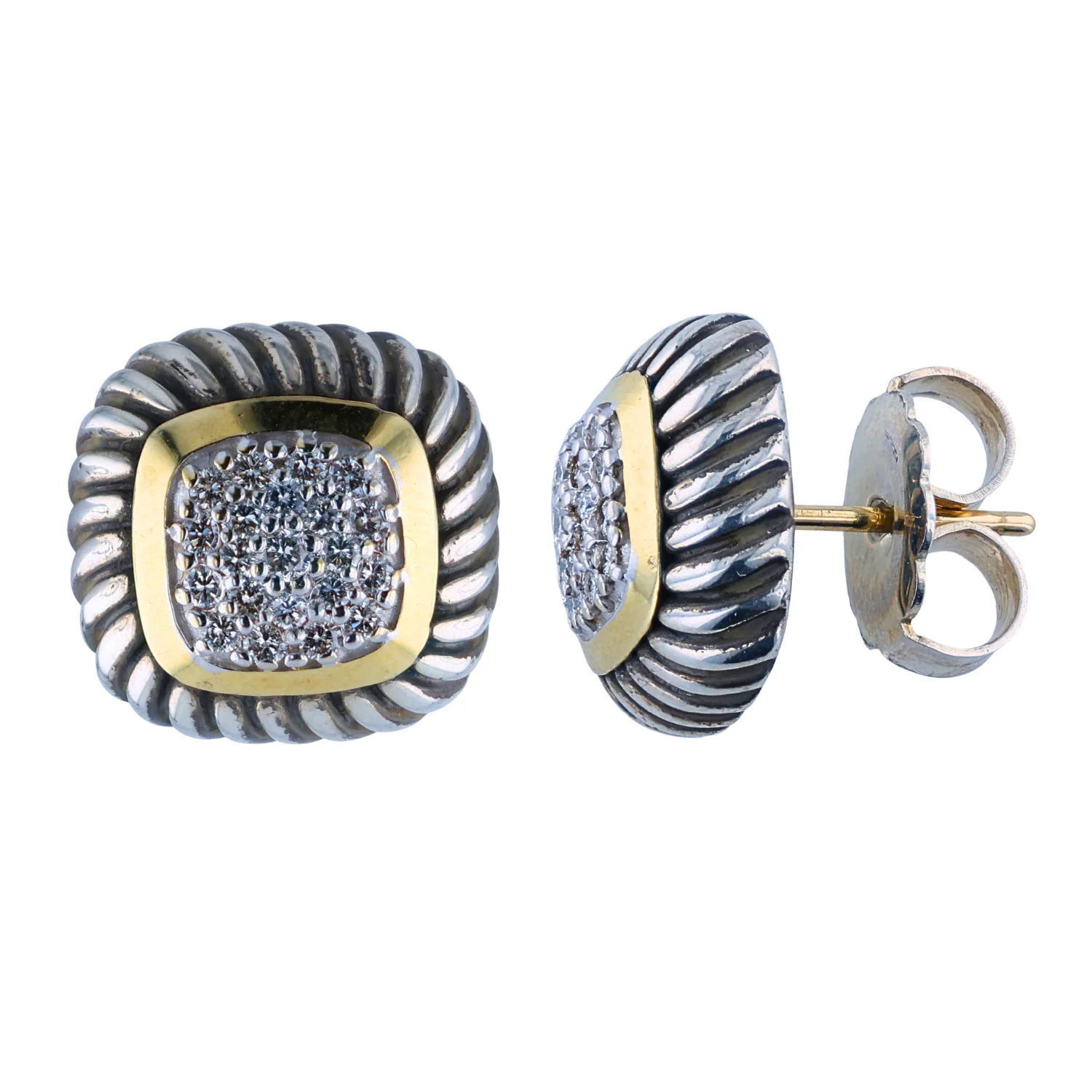 Estate David Yurman Sterling Silver & 14K Albion Diamond Earrings - Image 2