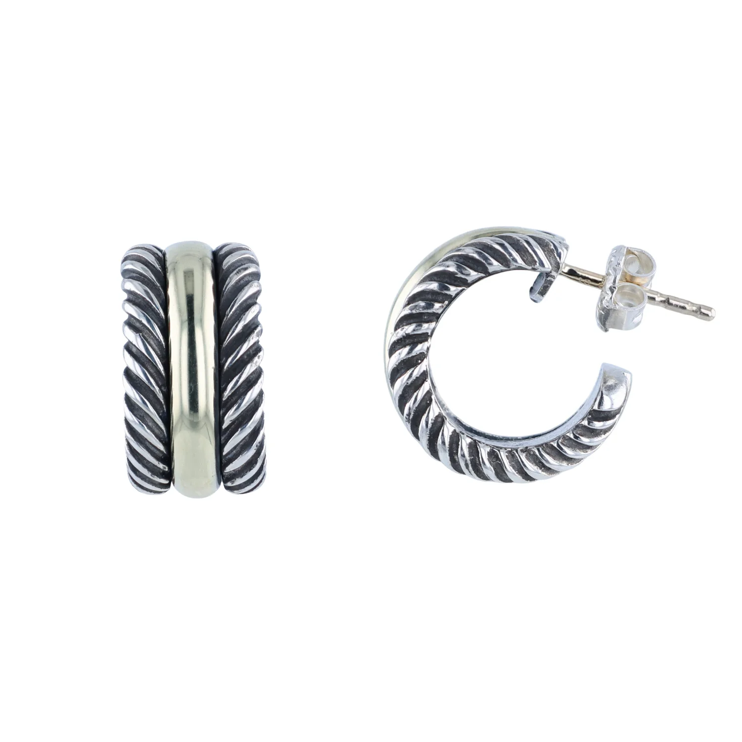 Estate David Yurman Sterling Silver & 14K Cable Collectible Huggie Hoops - Image 2