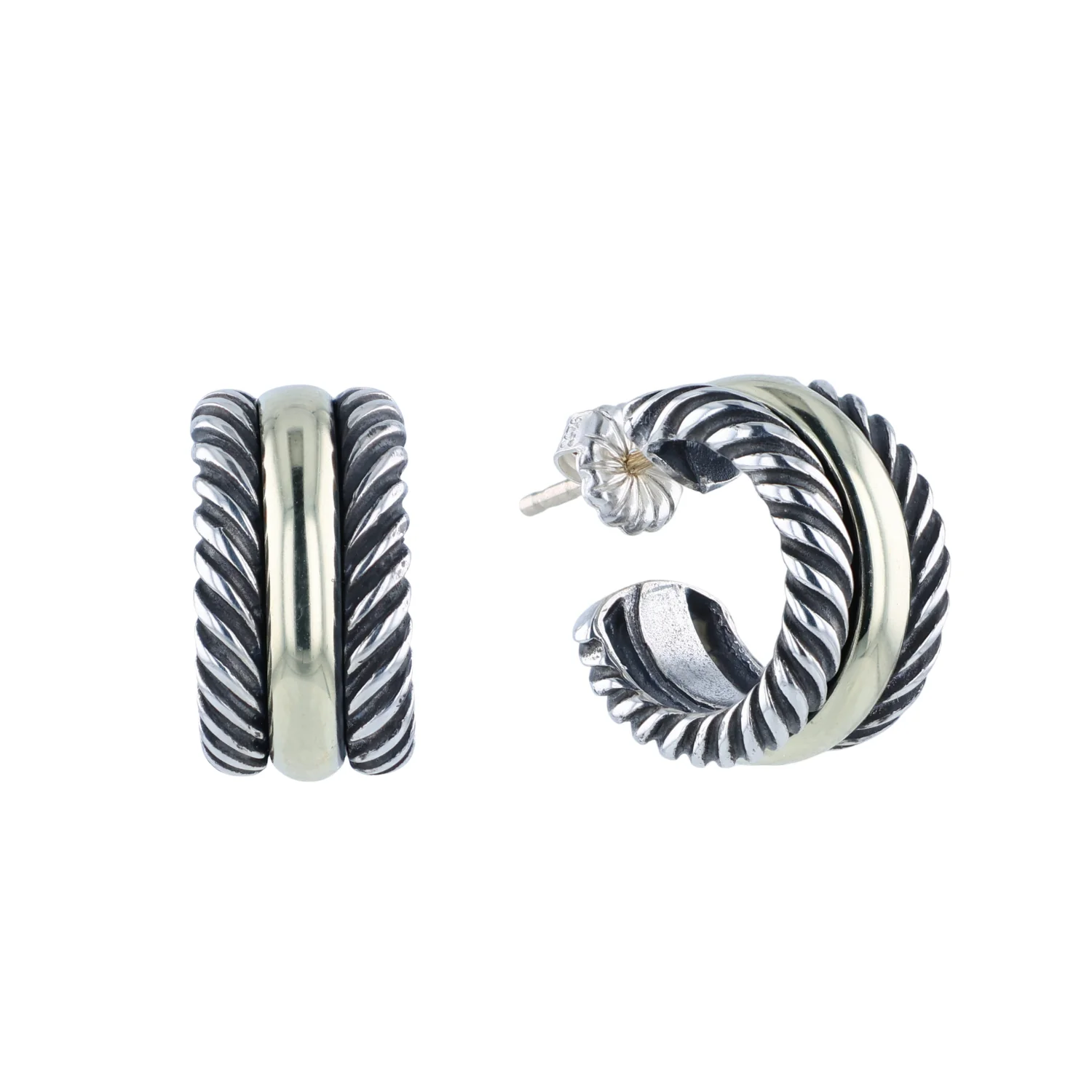 Estate David Yurman Sterling Silver & 14K Cable Collectible Huggie Hoops - Image 3