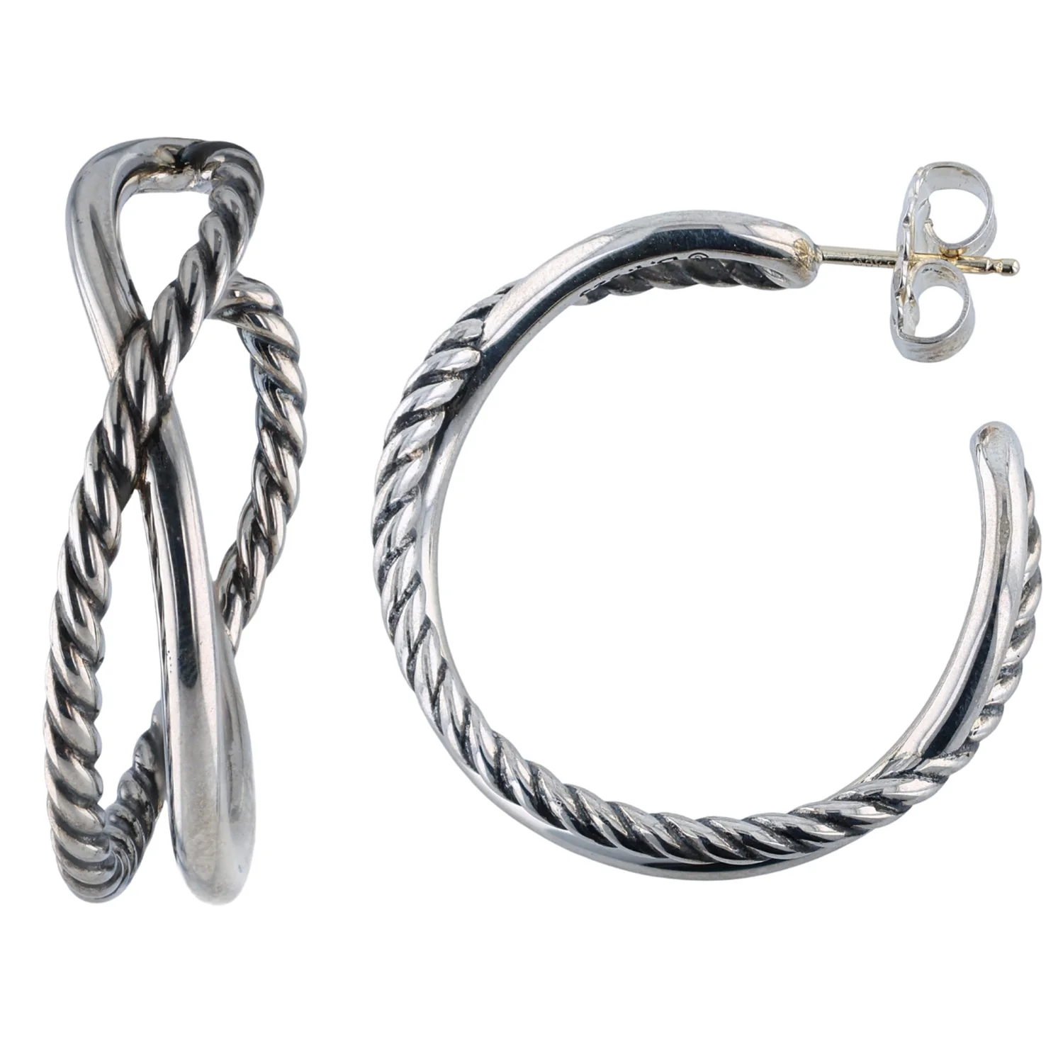 Estate David Yurman Sterling Silver Crossover Hoop Earrings with 14K posts - Image 2