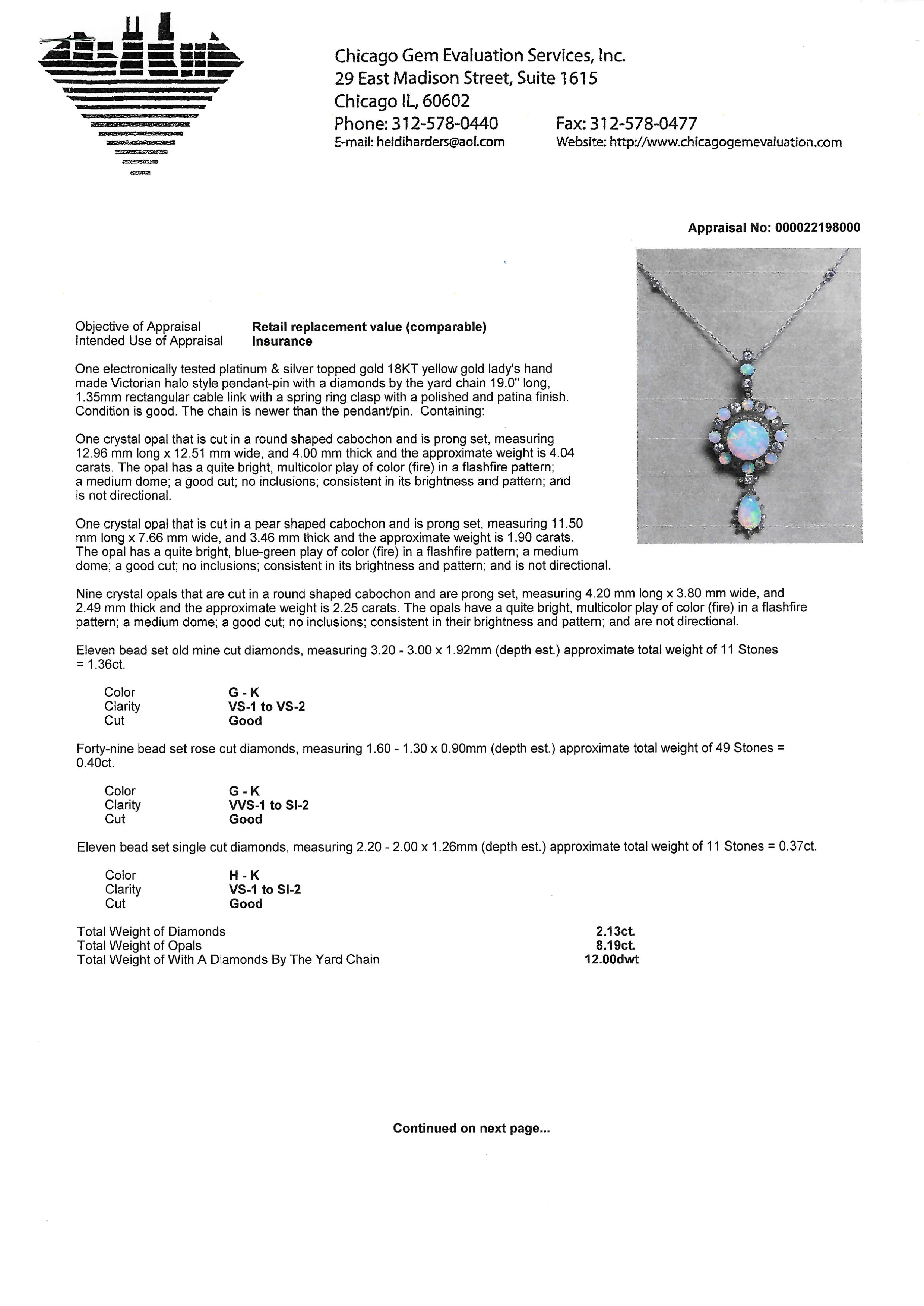 Estate Georgian Opal and Diamond Pendant / Pin with Chain - Image 4
