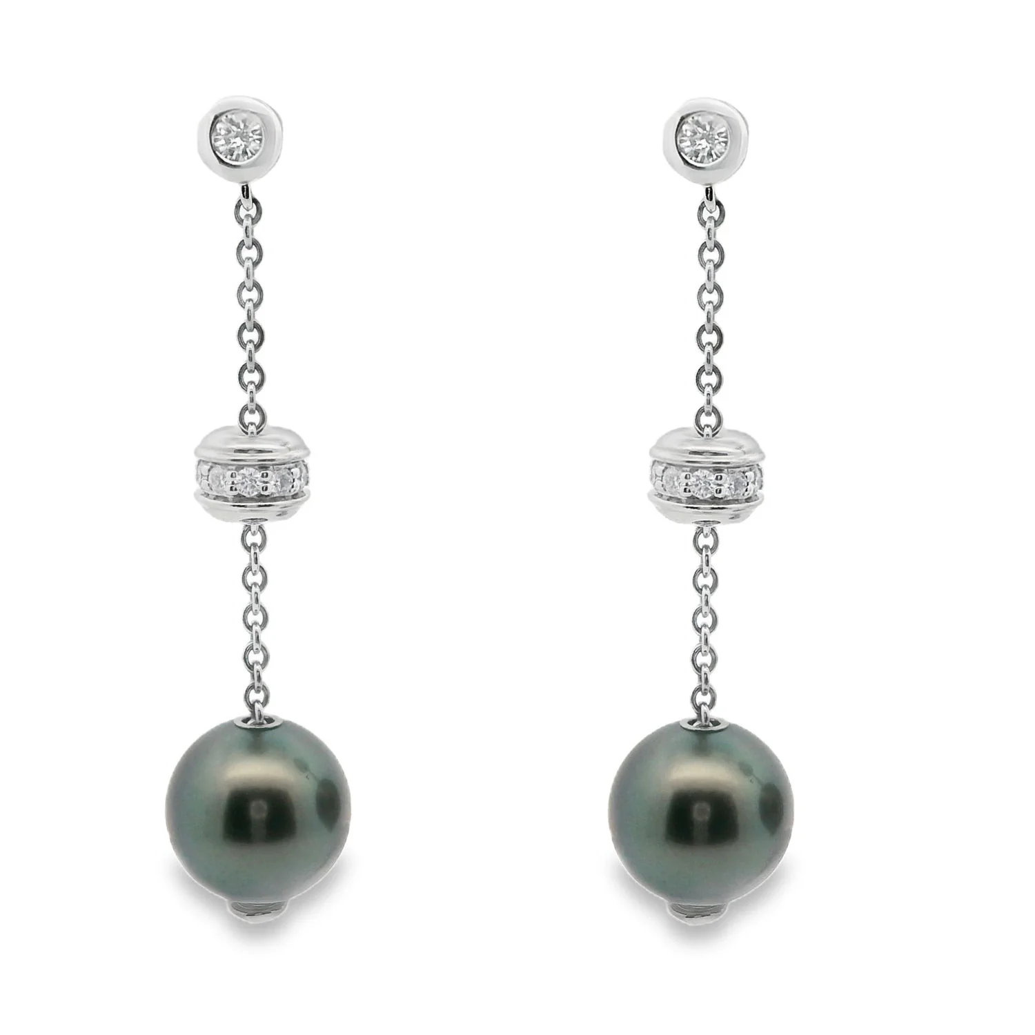 Estate Mikimoto Tahitian Black Pearl and Diamond Dangle Earrings