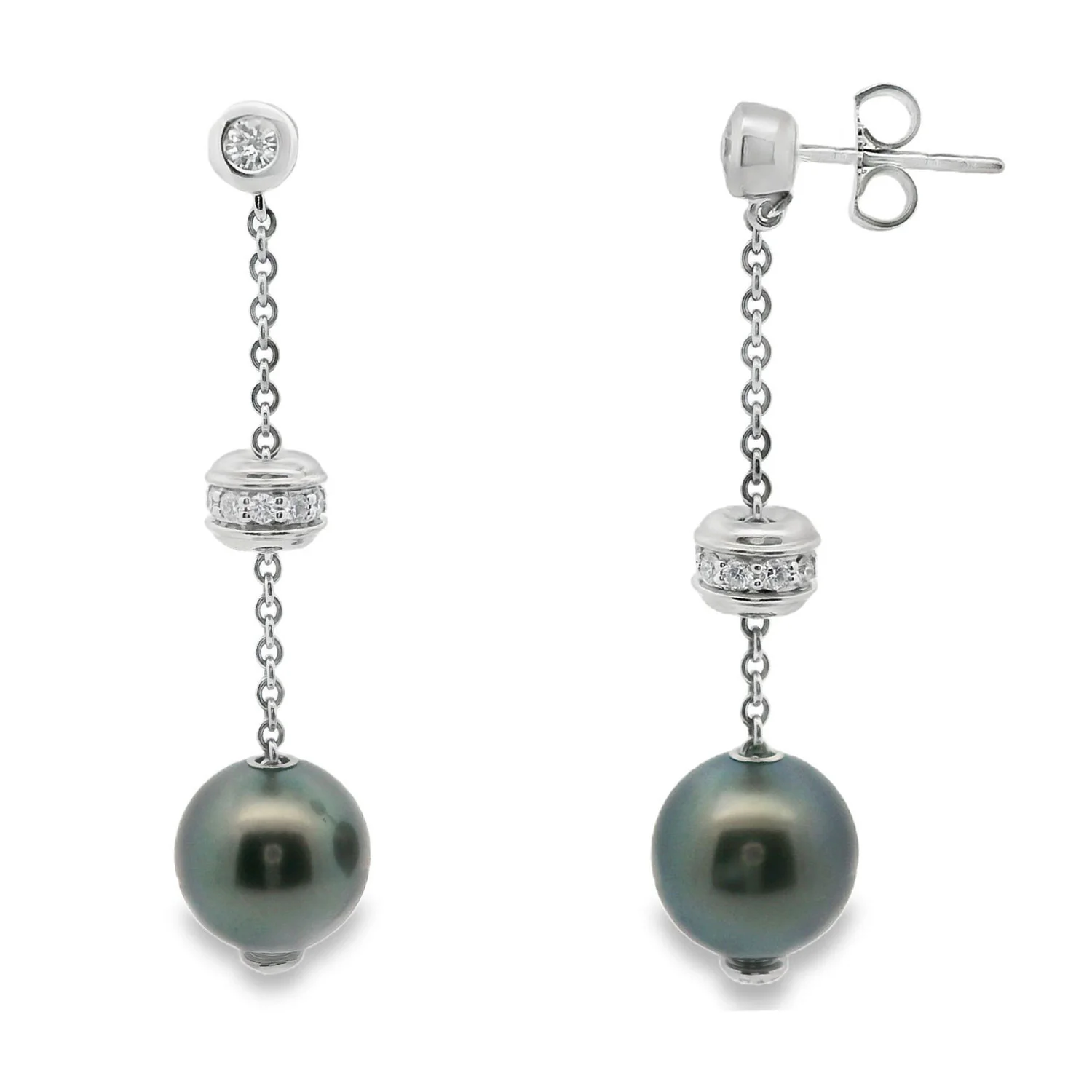 Estate Mikimoto Tahitian Black Pearl and Diamond Dangle Earrings - Image 2