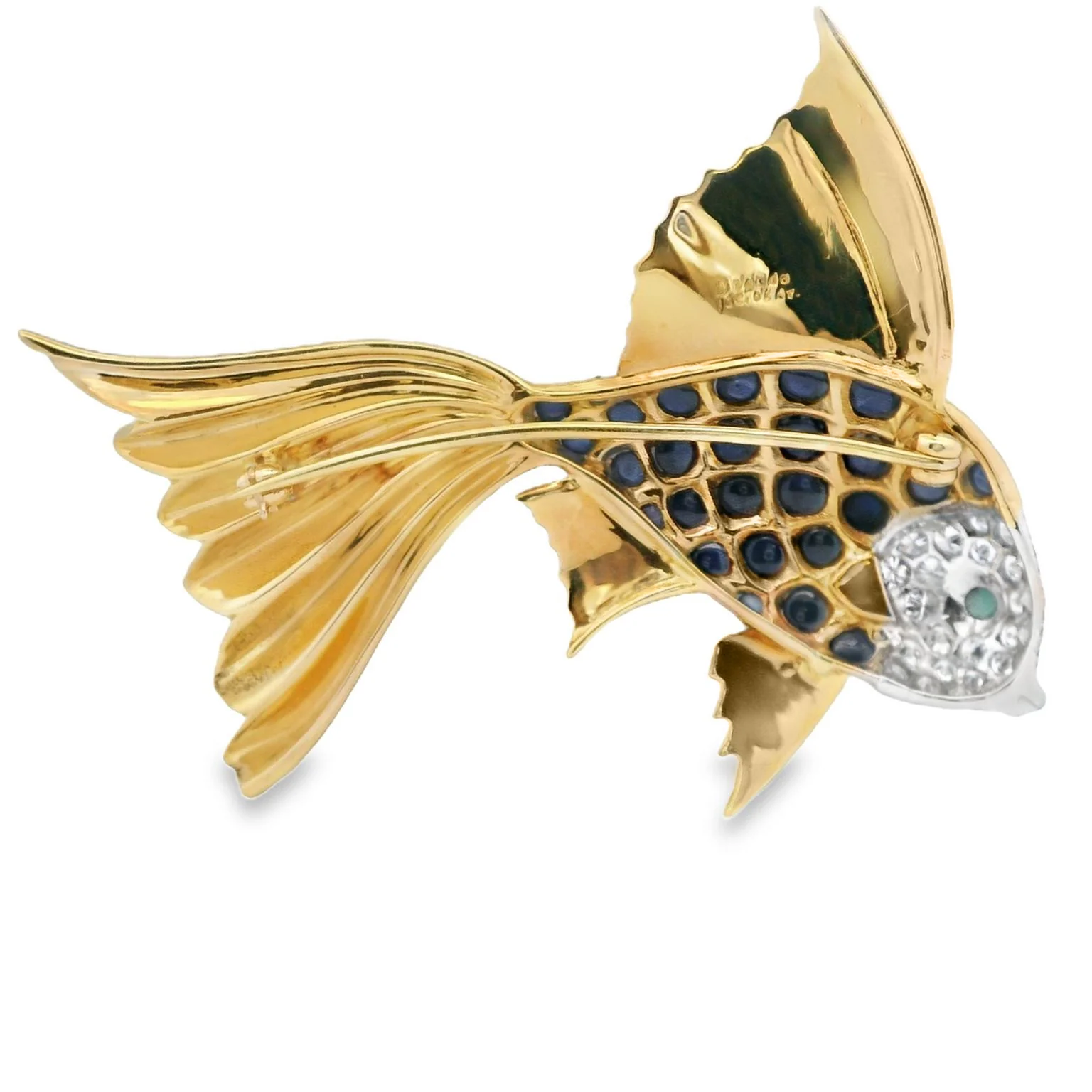 Estate Oscar Heyman Platinum and 18K Yellow Gold Sapphire Emerald and Diamond Fish Brooch - Image 2