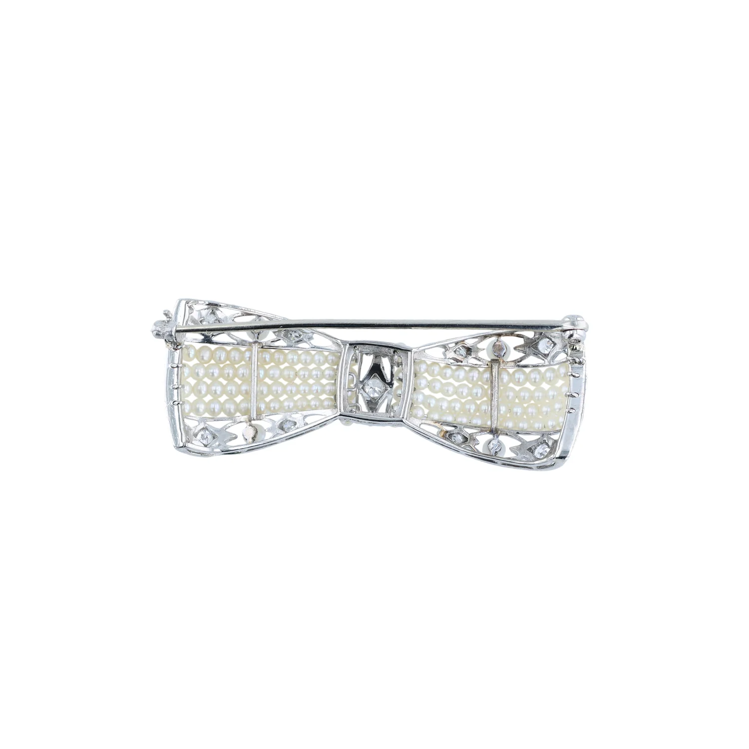 Estate Platinum Seed Pearl and Diamond Bow Pin - Image 2