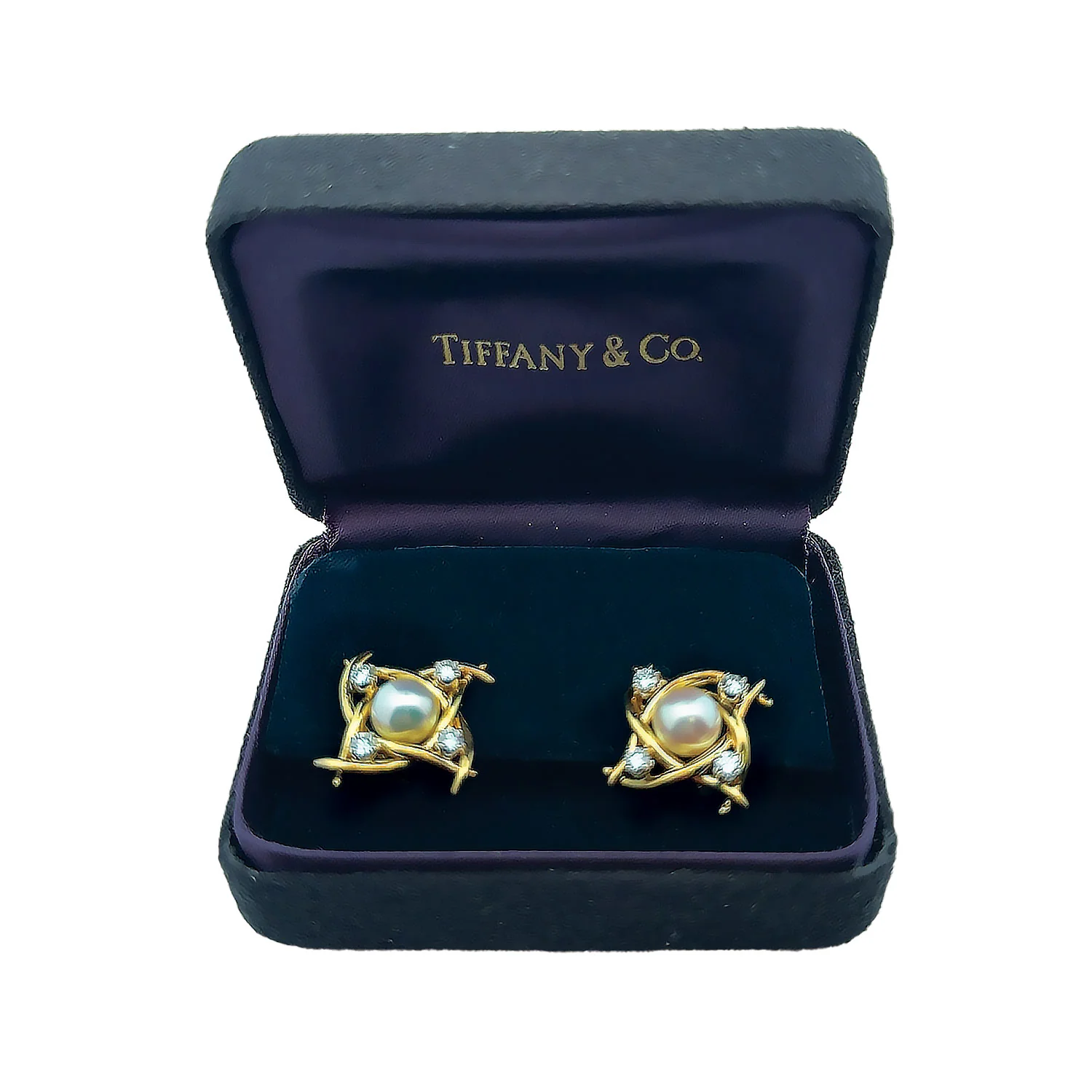 Estate 18K Tiffany & Co. Pearl and Diamond Pinwheel Earrings - Image 3