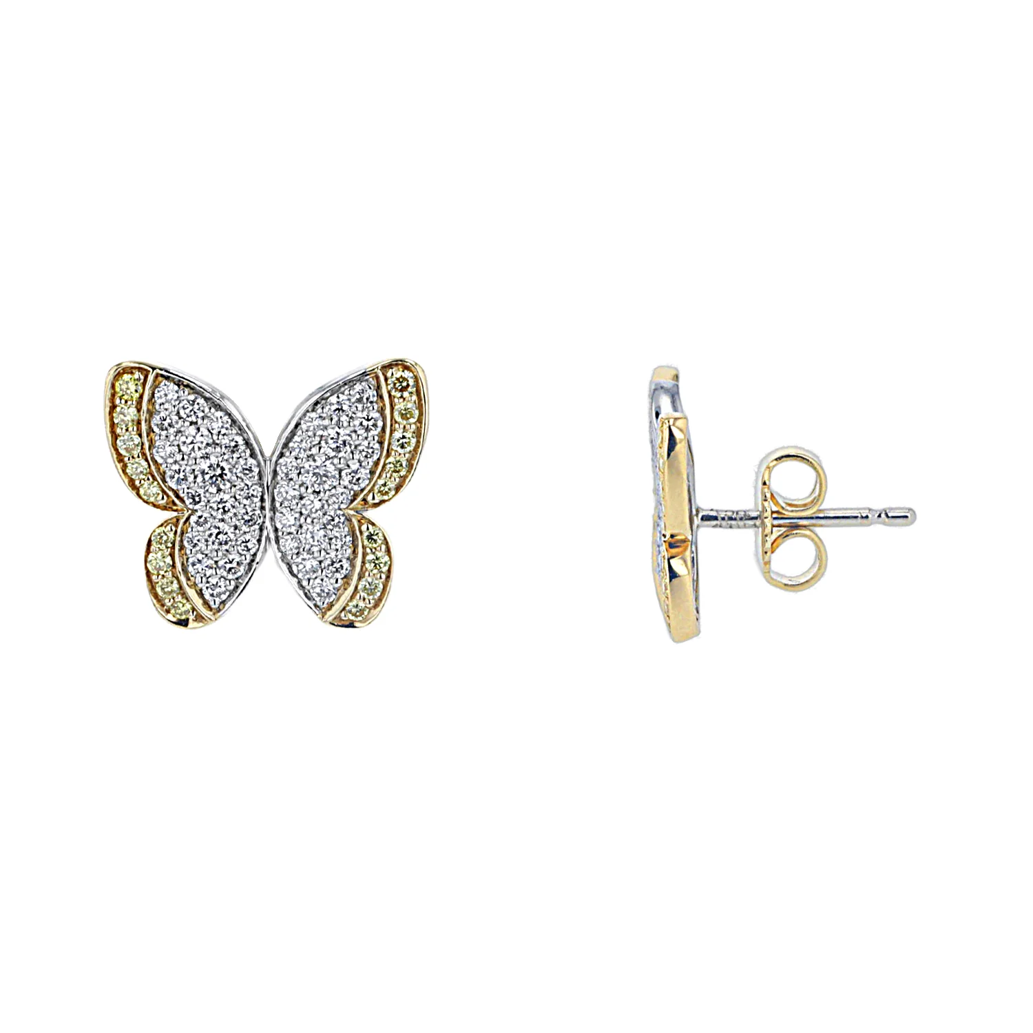 Platinum and 18K Butterfly Diamond Stud Earrings - Image 2