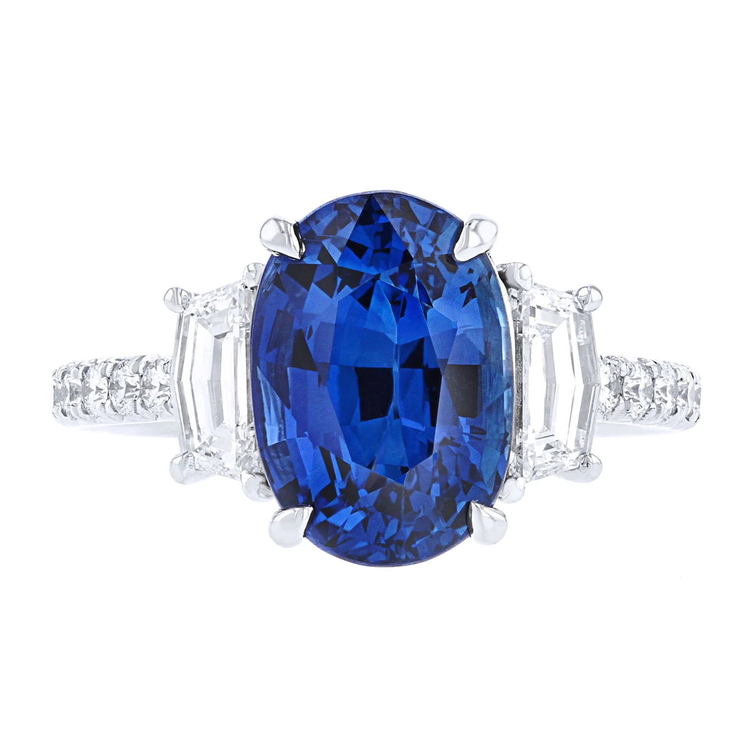 Platinum 5.33ct Blue Sapphire and Diamond Three Stone Ring