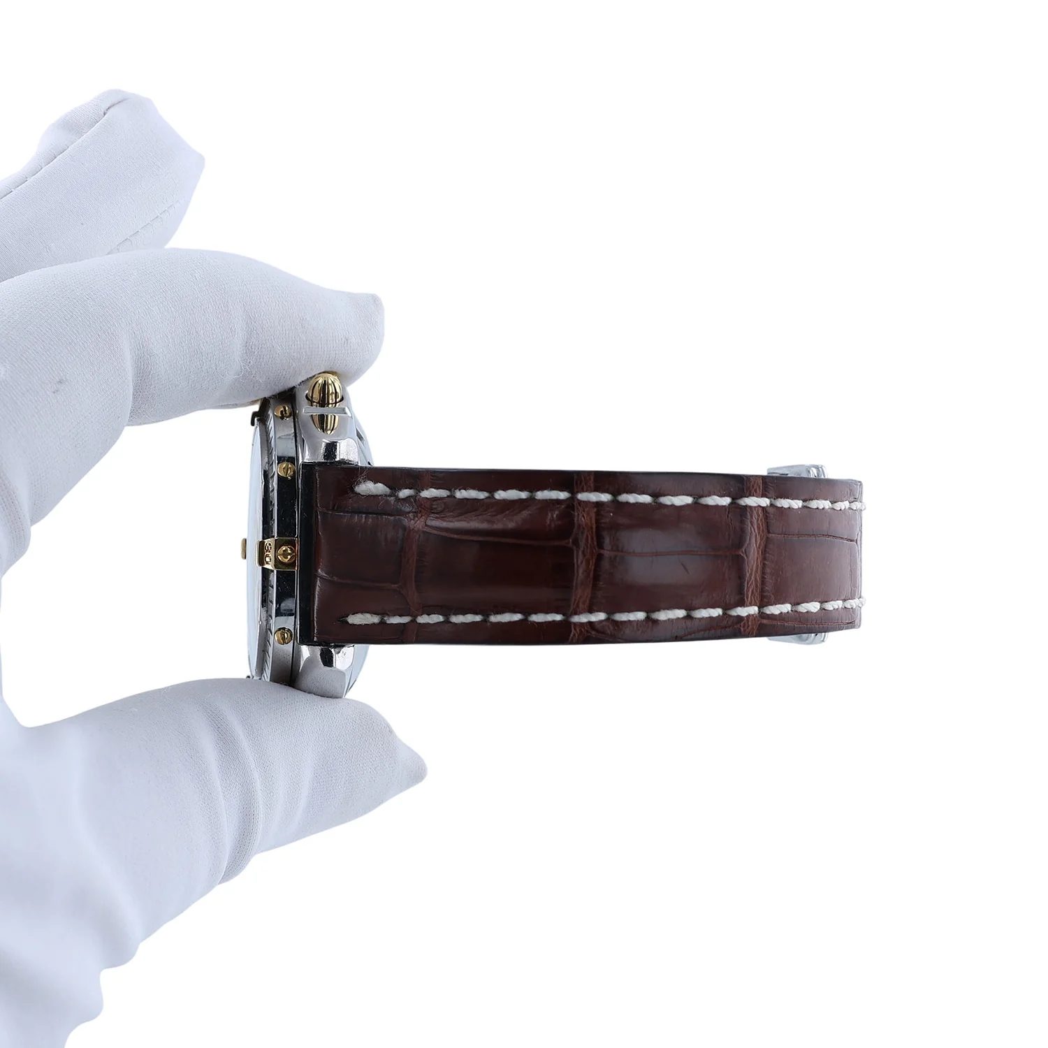 Pre-Owned Breitling Chronomat Steel 18K Gold White Dial Champagne Sub-dial Brown Leather Strap - Image 4