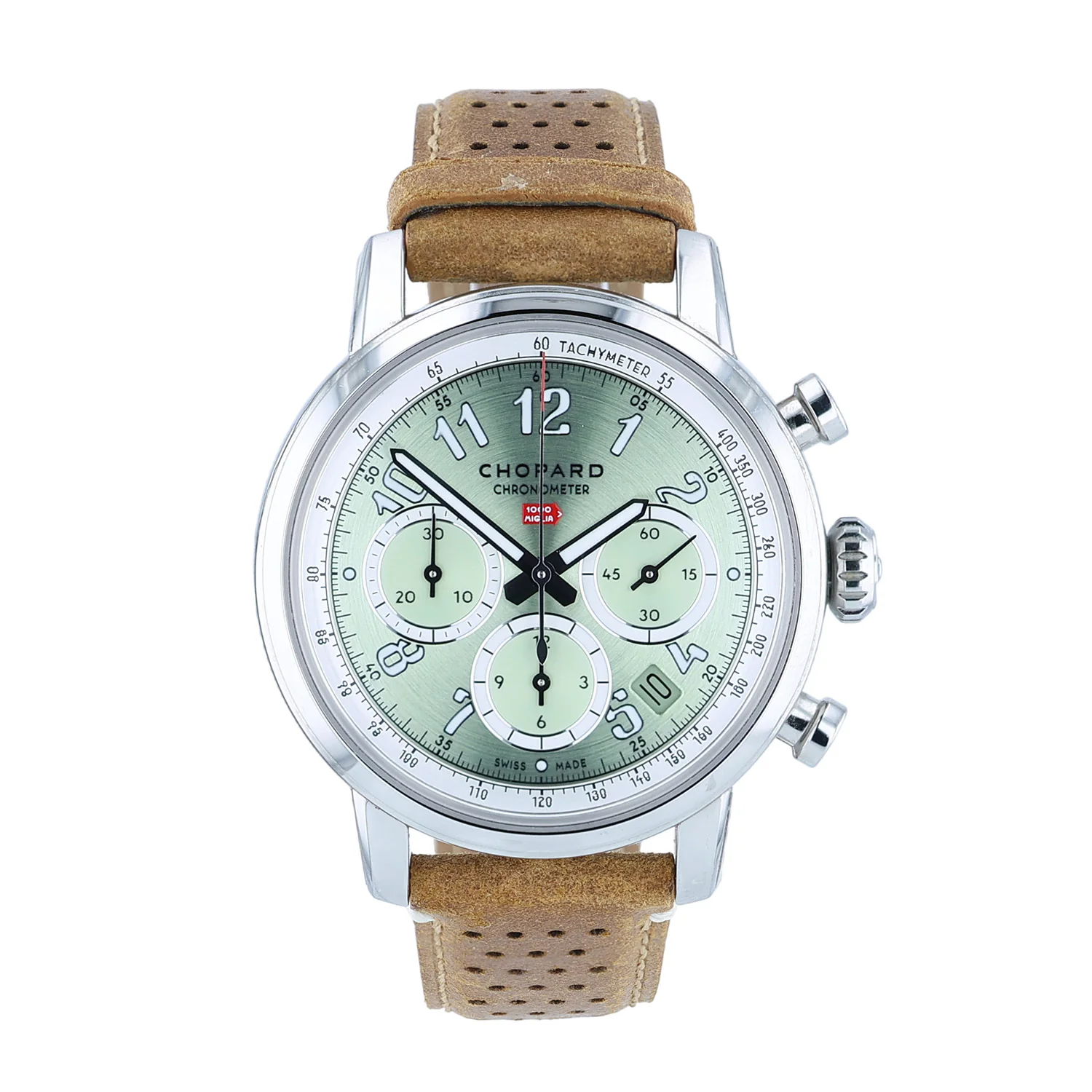Pre-Owned Chopard 40.5 Stainles Steel "Mille Miglia" Rich Green Ghronograph Brown Leather Strap