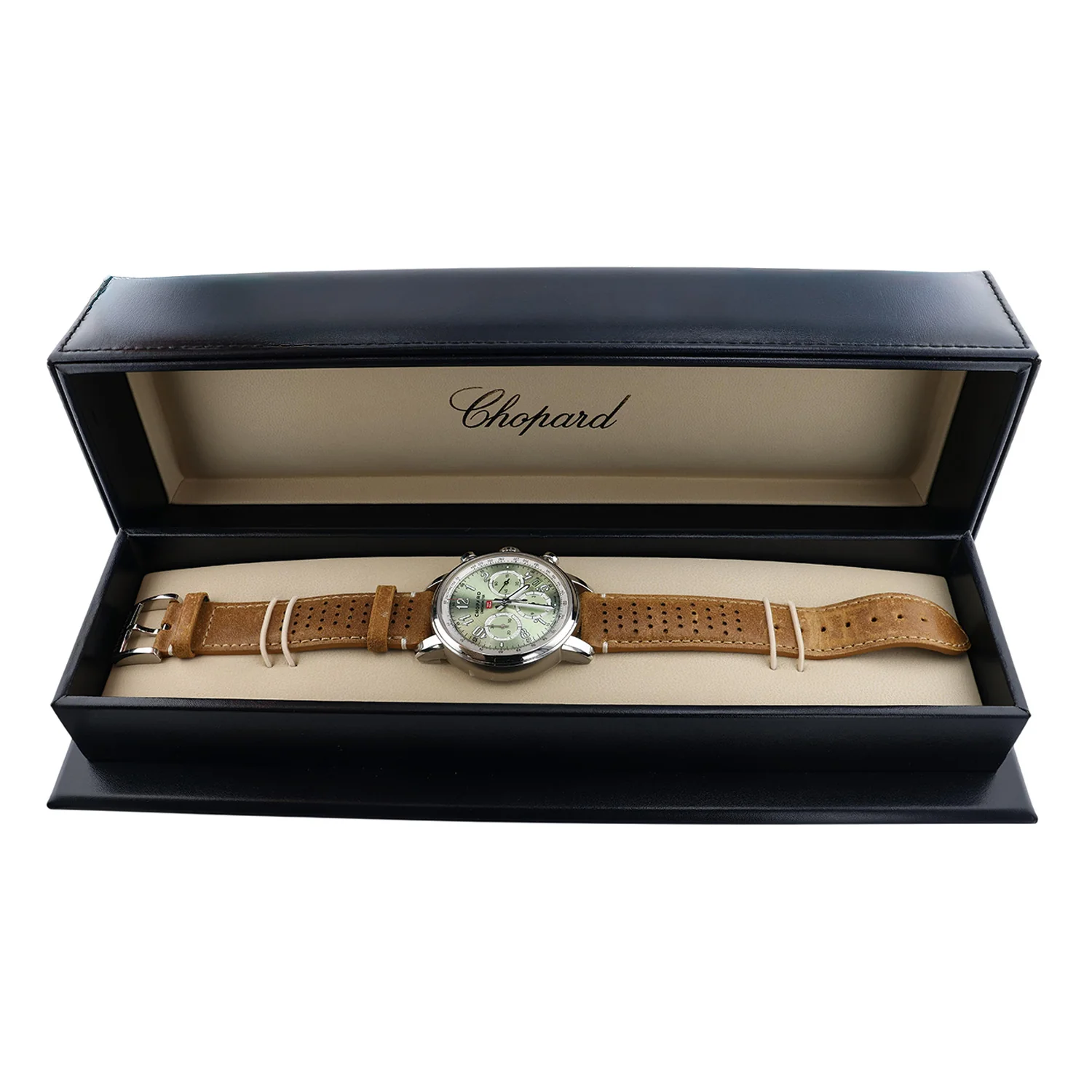 Pre-Owned Chopard 40.5 Stainles Steel "Mille Miglia" Rich Green Ghronograph Brown Leather Strap - Image 5