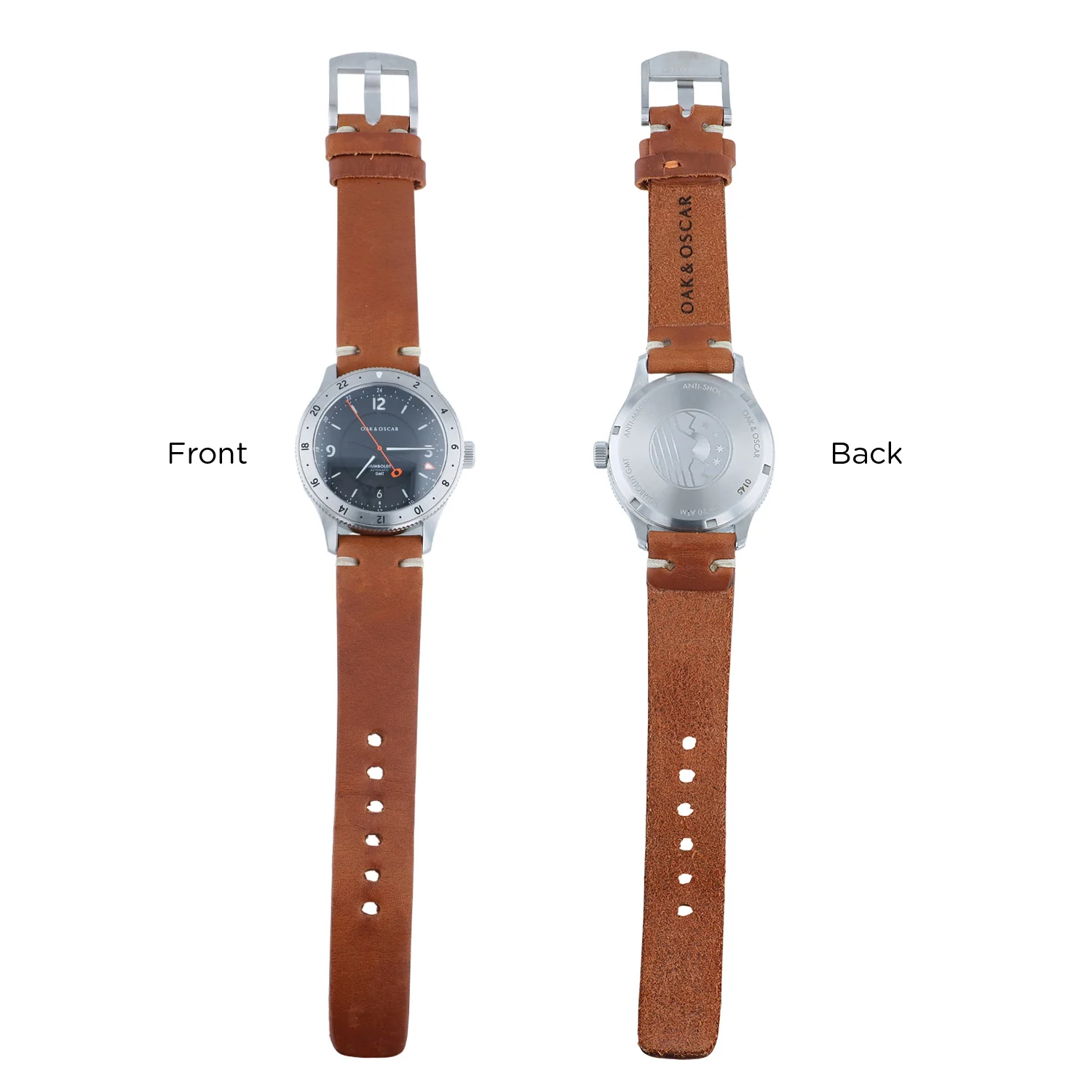 Pre-Owned Oak & Oscar 40MM Stainles Steel The Humboldt GMT Black Arabic Brown Strap - Image 5