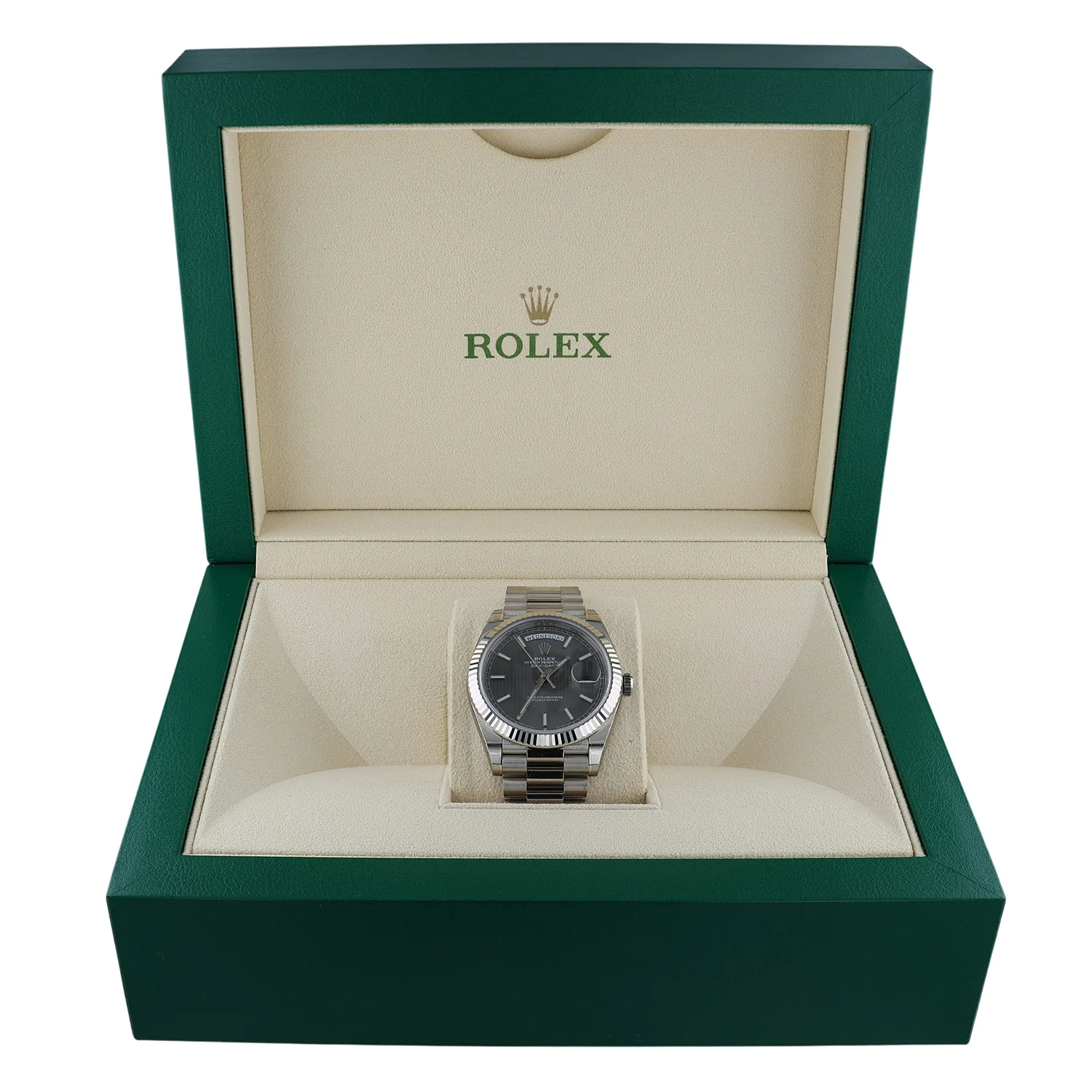 Pre-Owned Rolex 40mm WG Day-Date Dark RhodiumStripe Motif President Bracelet Model 228239 - Image 4