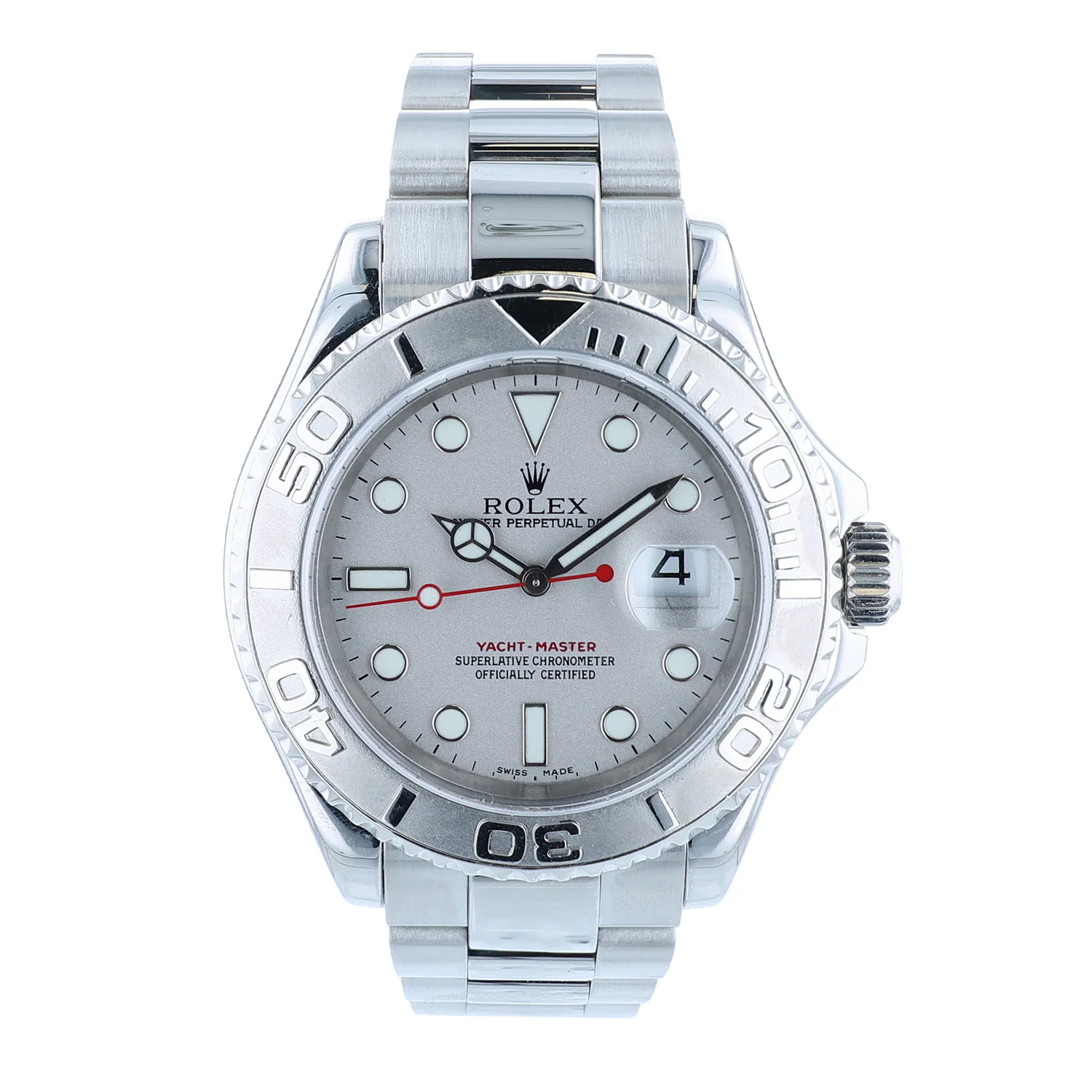 Pre-Owned Rolex 40mm Yachtmaster Stainless Steel Platinum Silver Sunburst dial Oyster Bracelet Model 16622