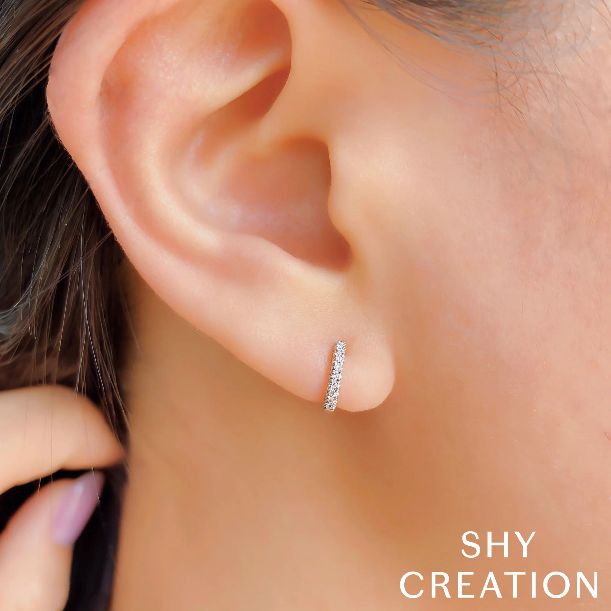Shy Creation 14K Classic Diamond Huggie Earrings - Mini - Image 2