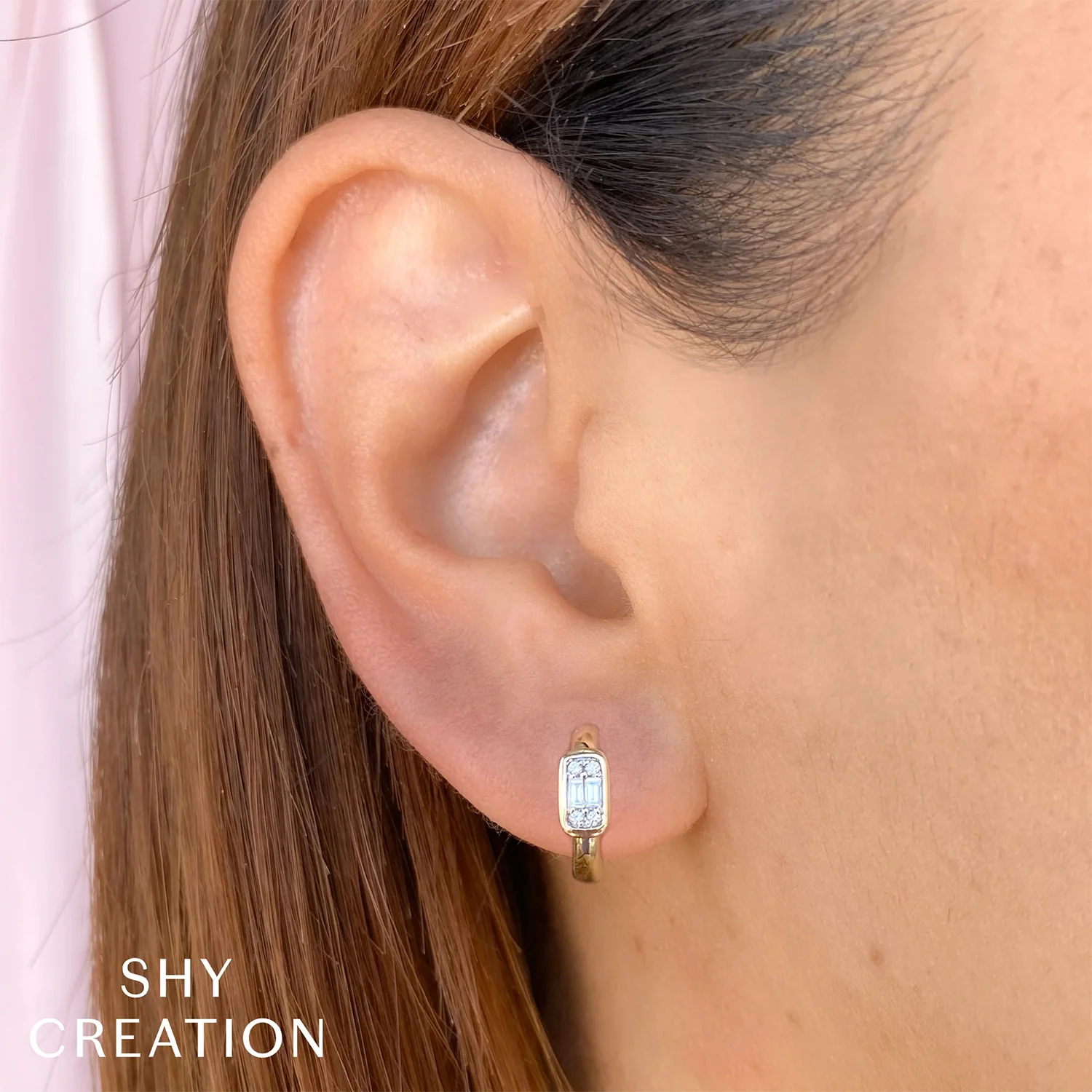 Shy Creation 14K Diamond Baguette Huggie Earrings - Image 2