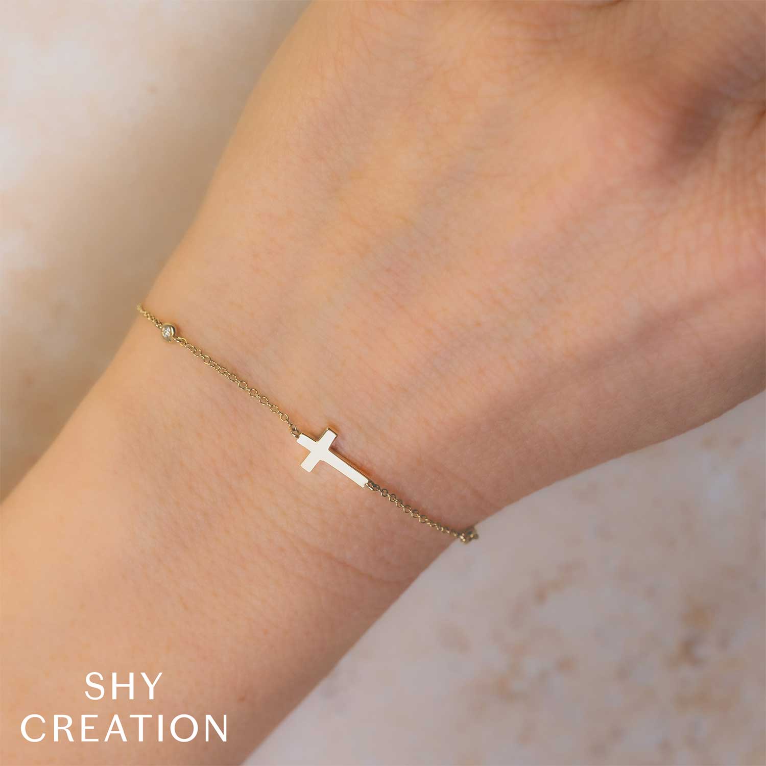 Shy Creation 14K Diamond Bezel Cross Bracelet - Image 2