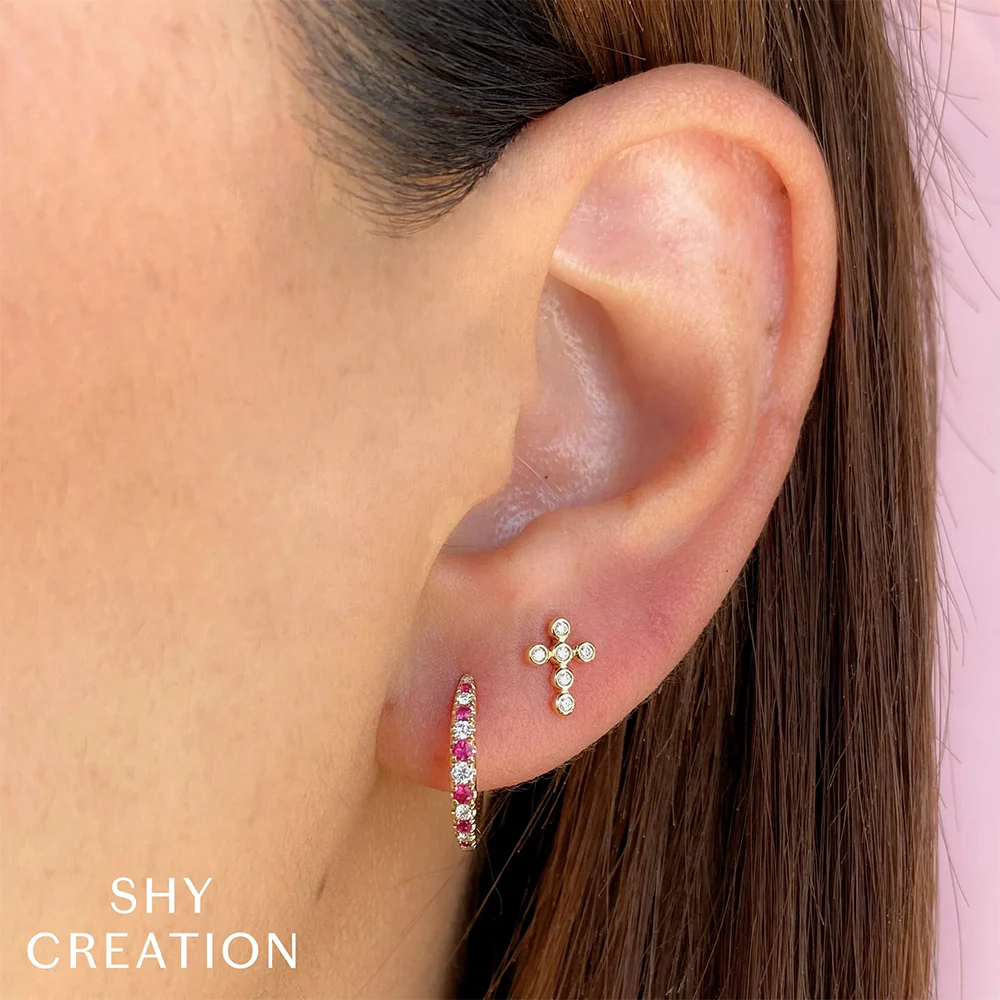 Shy Creation 14K Diamond Bezel Cross Earrings - Image 2