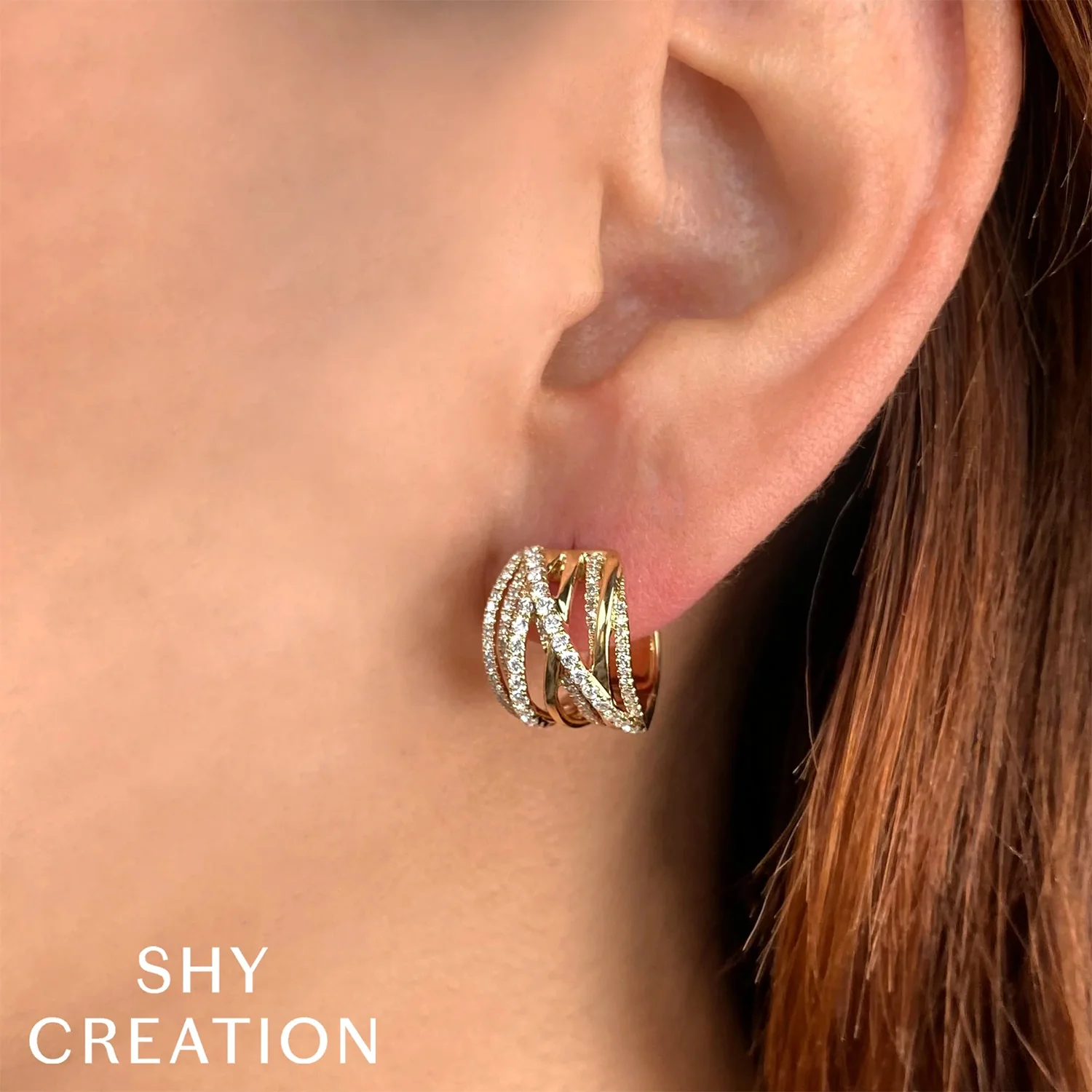 Shy Creation 14K Diamond Bridge Hoop Earrings - Image 3