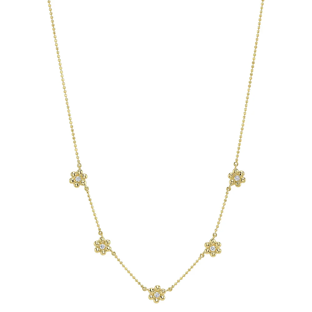 Shy Creation 14K Diamond Flower Faceted Ball Chain Necklace
