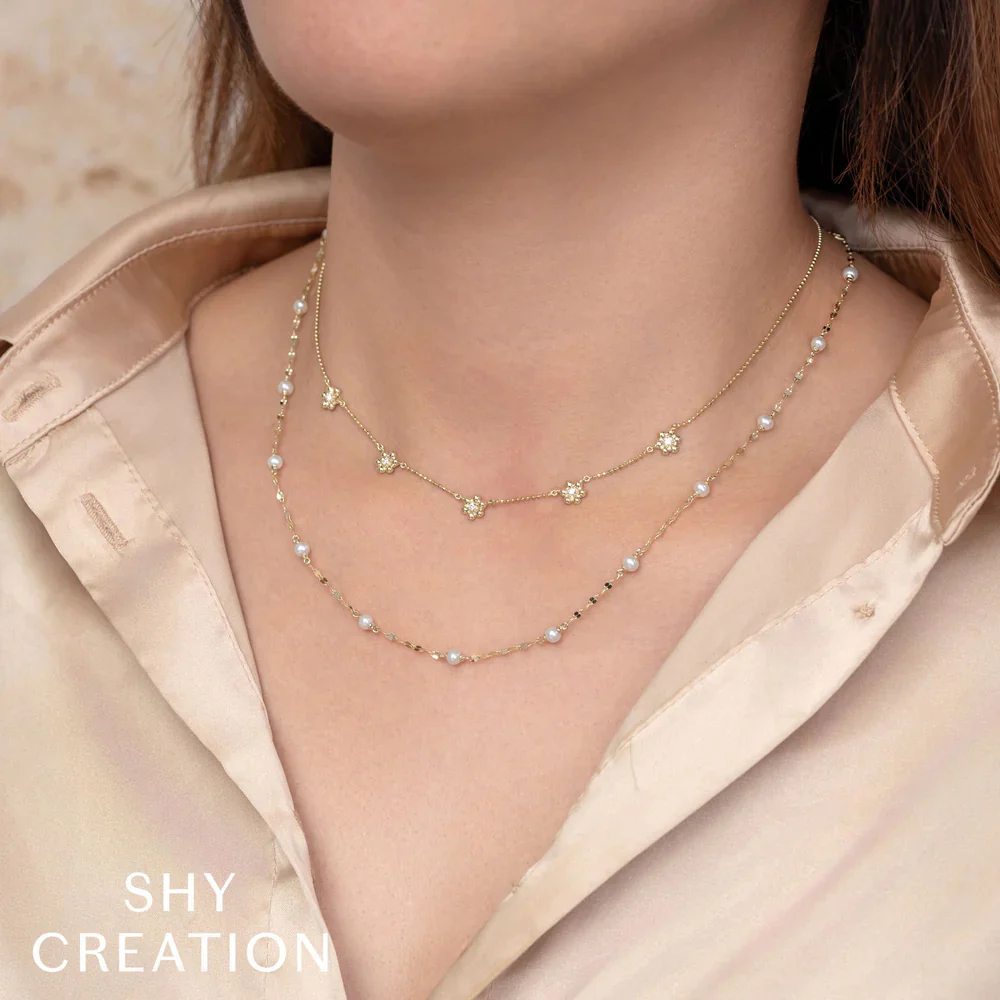 Shy Creation 14K Diamond Flower Faceted Ball Chain Necklace - Image 2