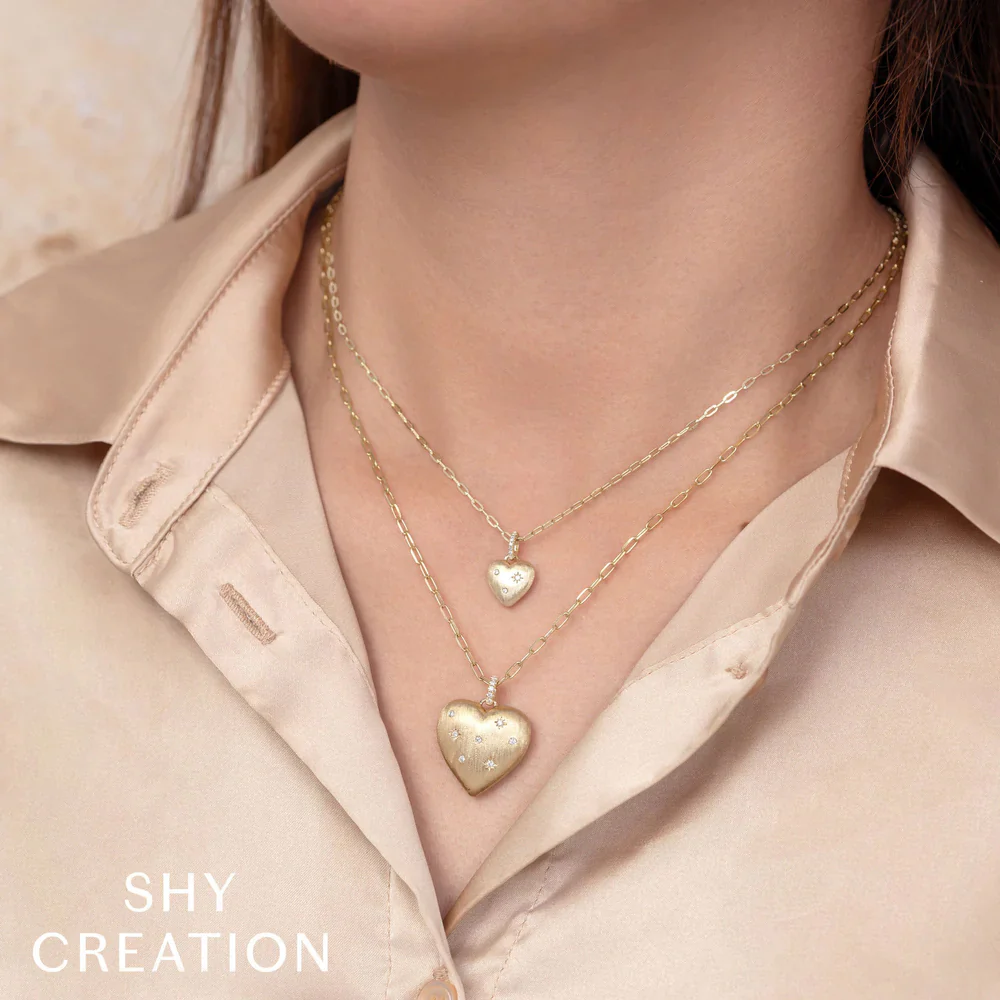 Shy Creation 14K Diamond Heart Matte Paper Clip Chain Necklace - Image 2