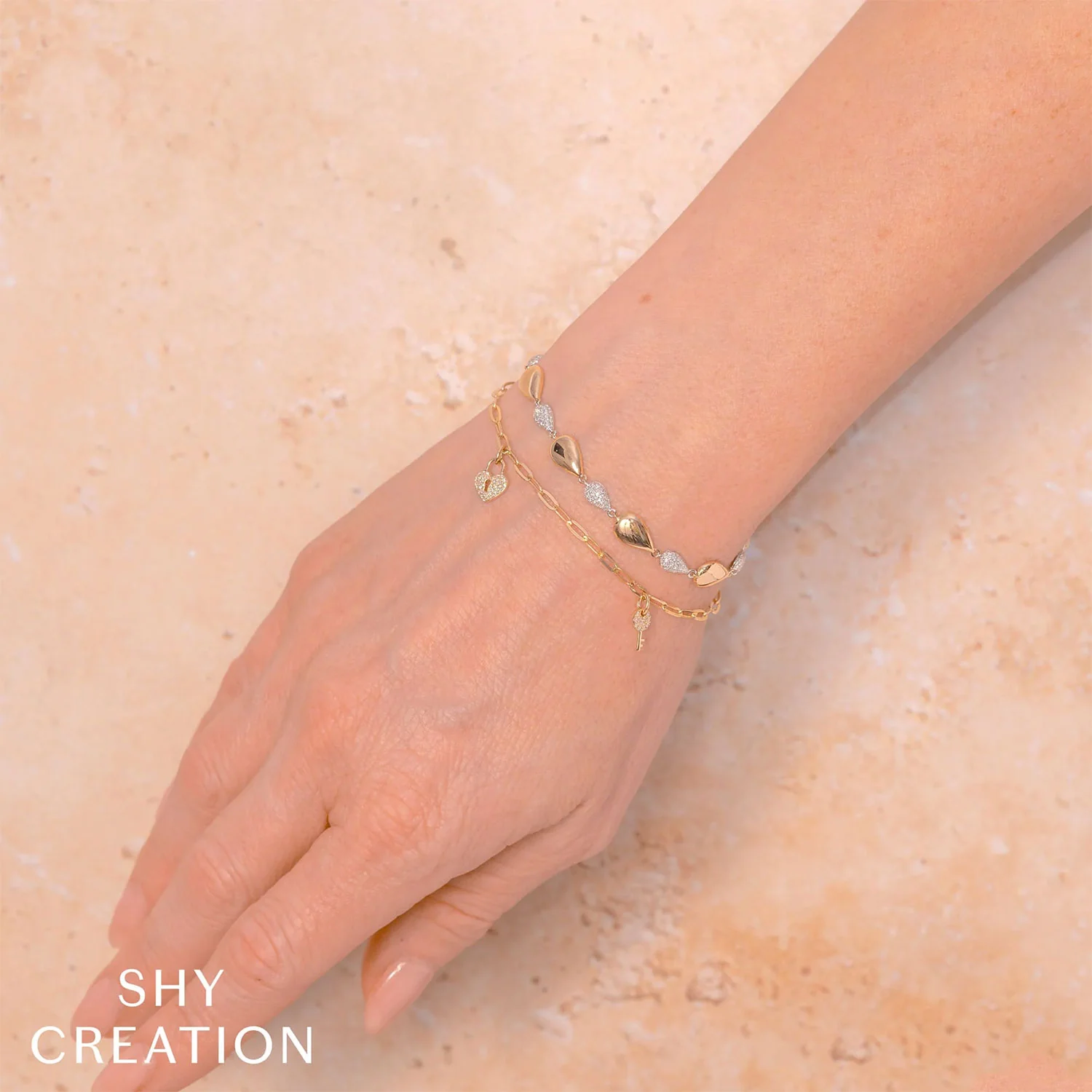 Shy Creation 14K Diamond Pave Heart Lock & Key Paperclip Link Bracelet - Image 2