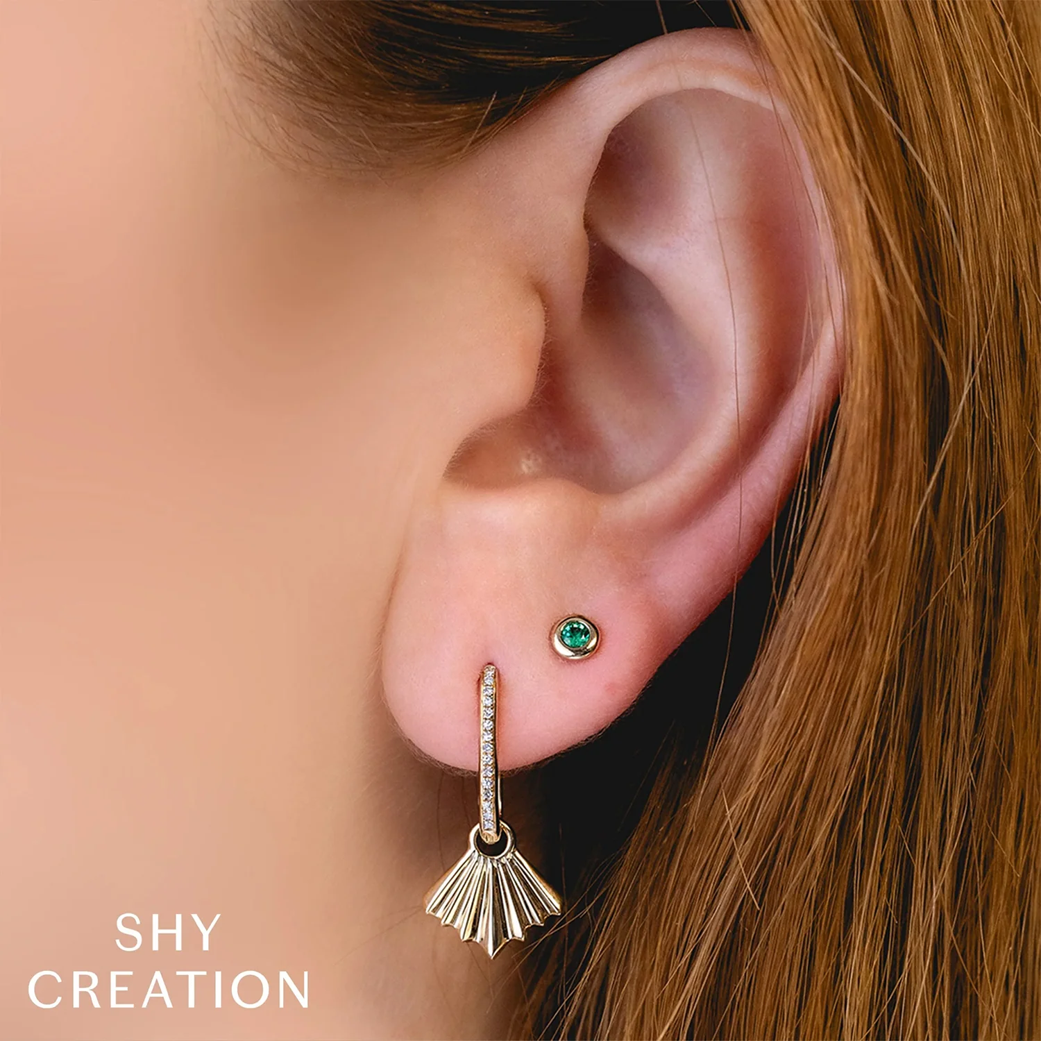 Shy Creation 14K Emerald Bezel Stud Earrings - Image 2