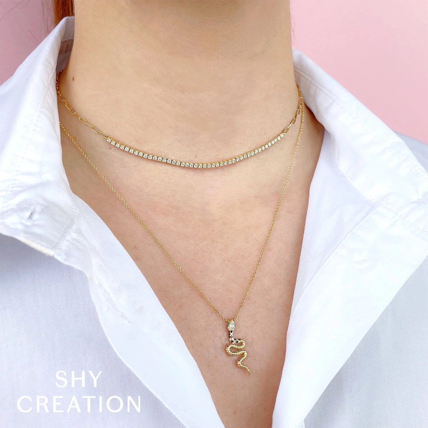 Shy Creation 14K Emerald with Black and White Diamond Snake Necklace - Image 2