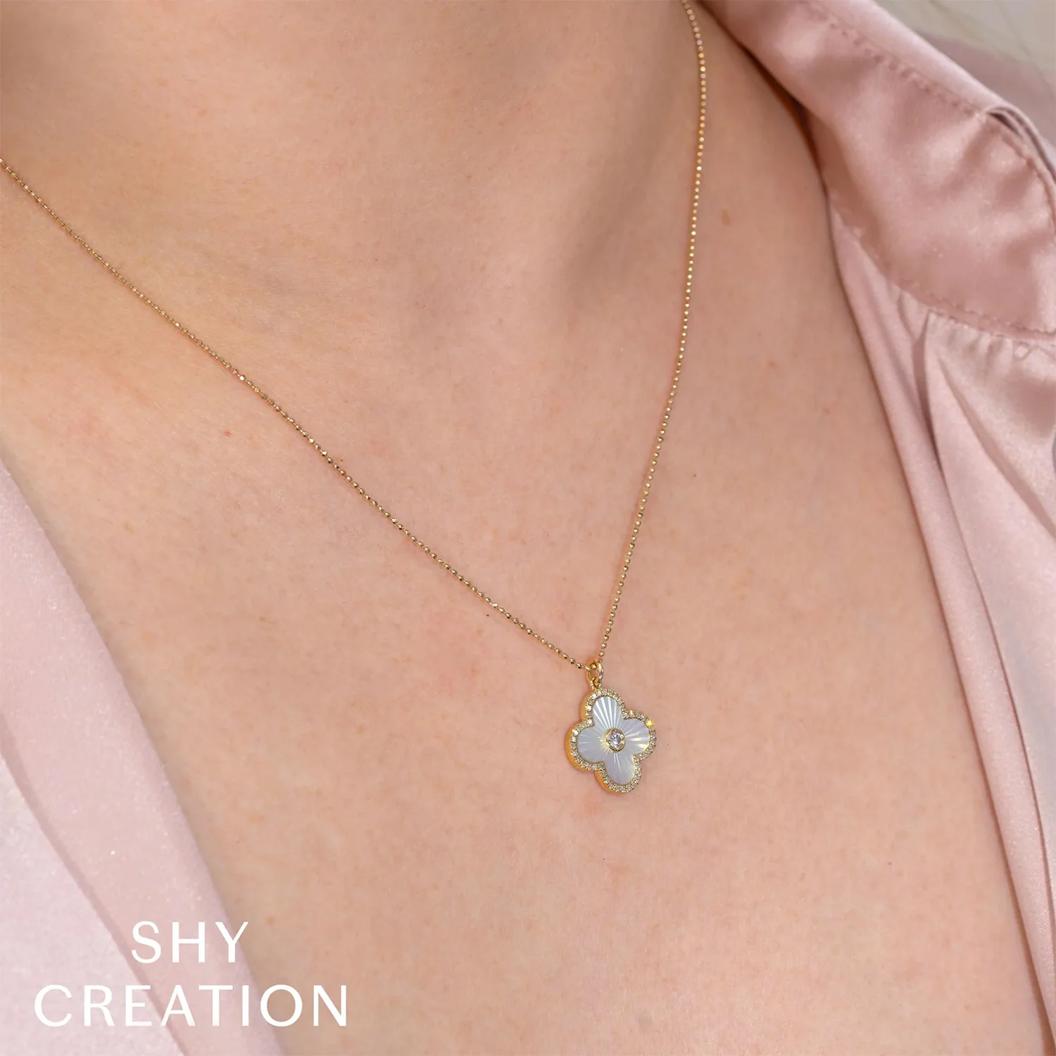 Shy Creation 14K Mother of Pearl and Diamond Clover Necklace - Image 2