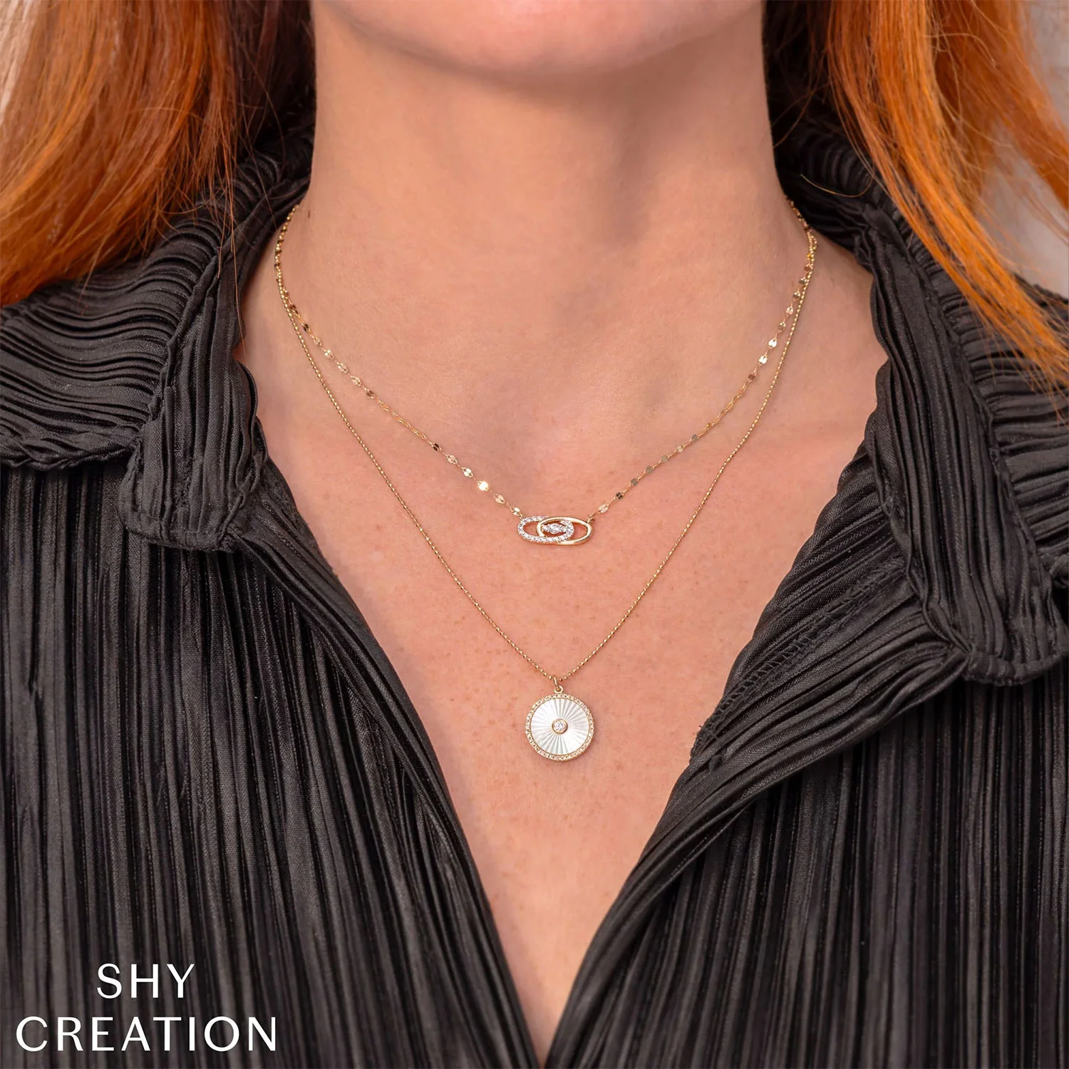 Shy Creation 14K Mother of Pearl and Diamond Disk Necklace - Image 2