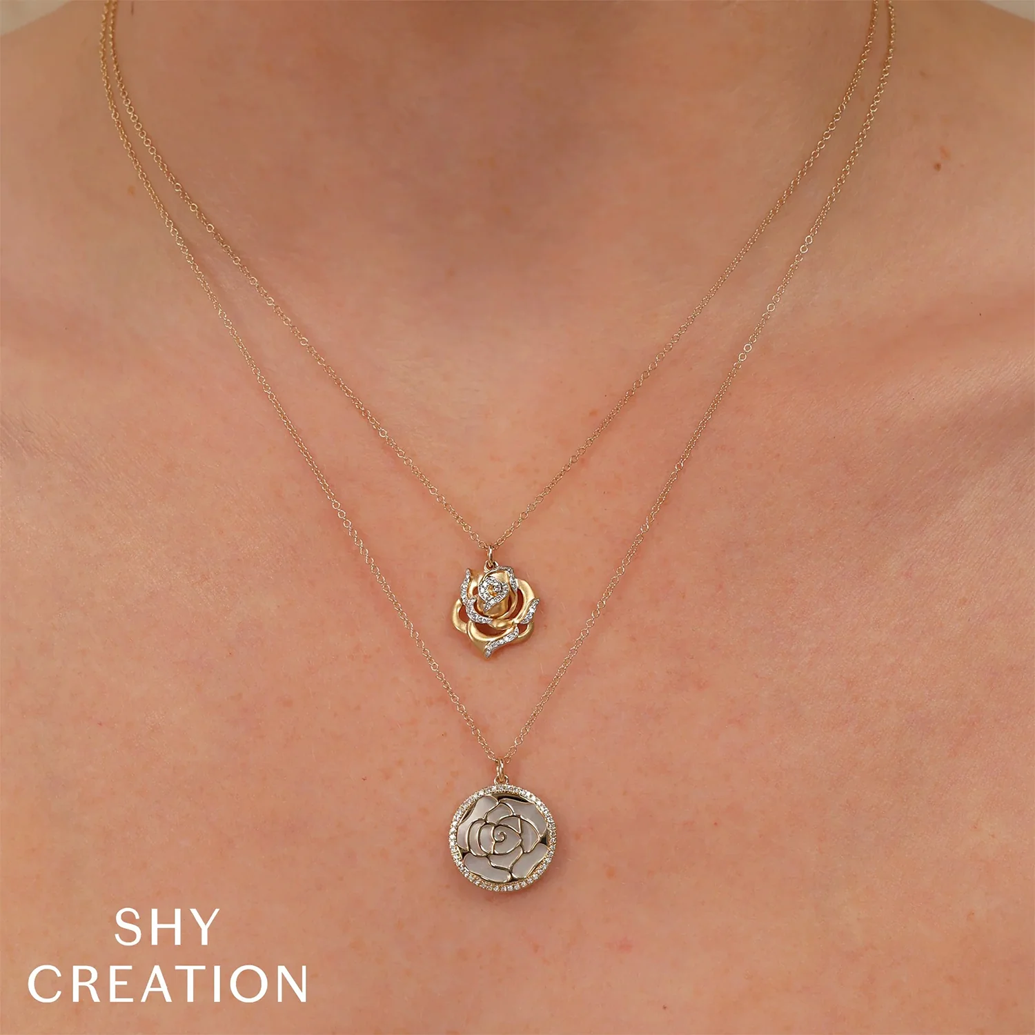 Shy Creation 14K Mother of Pearl and Diamond Rose Disk Pendant - Image 2