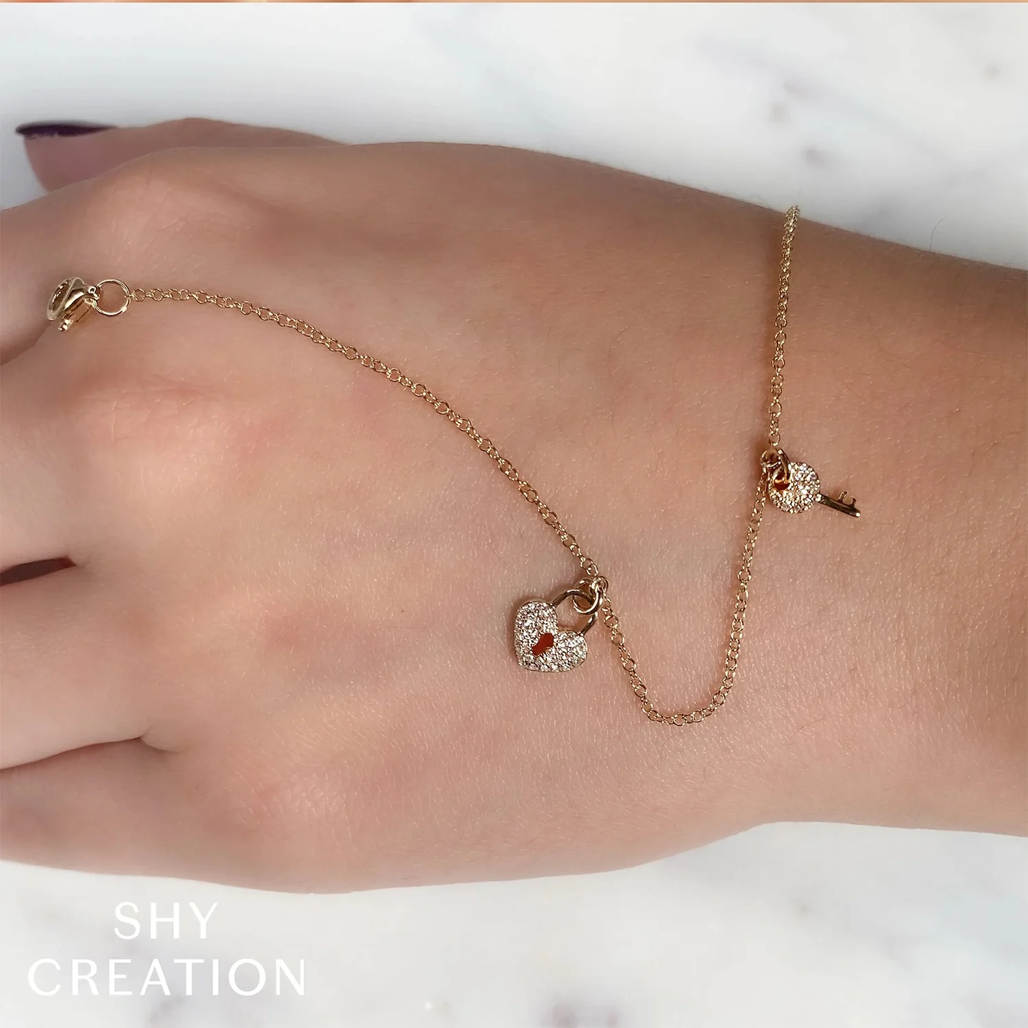 Shy Creation 14K Pave Heart Lock & Key Diamond Bracelet - Image 2